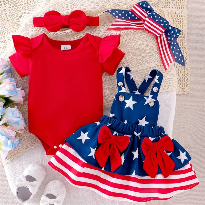 Toddler Girls Independence Day Clothing Set with Headband Outfit - Ky Ky Kiwi