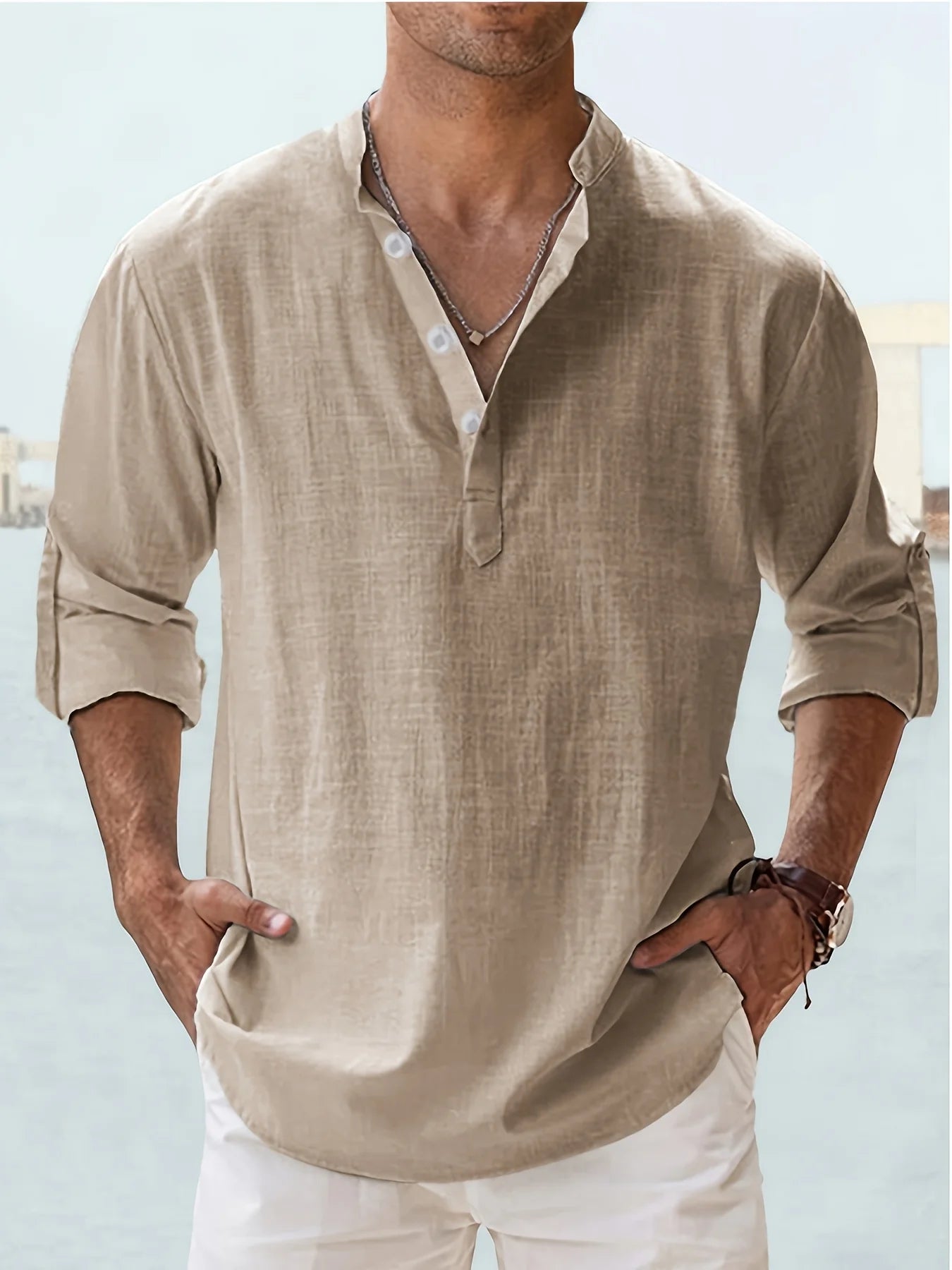 Men's Linen Stand Collar Long Sleeve T-Shirt for Summer - Ky Ky Kiwi