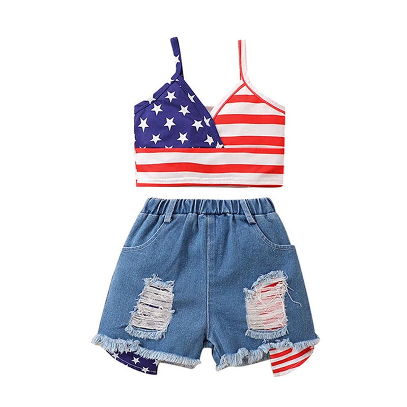 Girls American Flag Print Tank Top and Denim Shorts Set - Ky Ky Kiwi