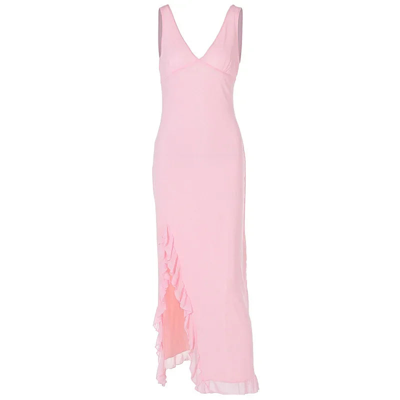Ruffle Sexy Dresses Elegant Sleeveless cocktail dresses Solid Color V Neck Split Wooden Ear Long Club Party Evening Dresses