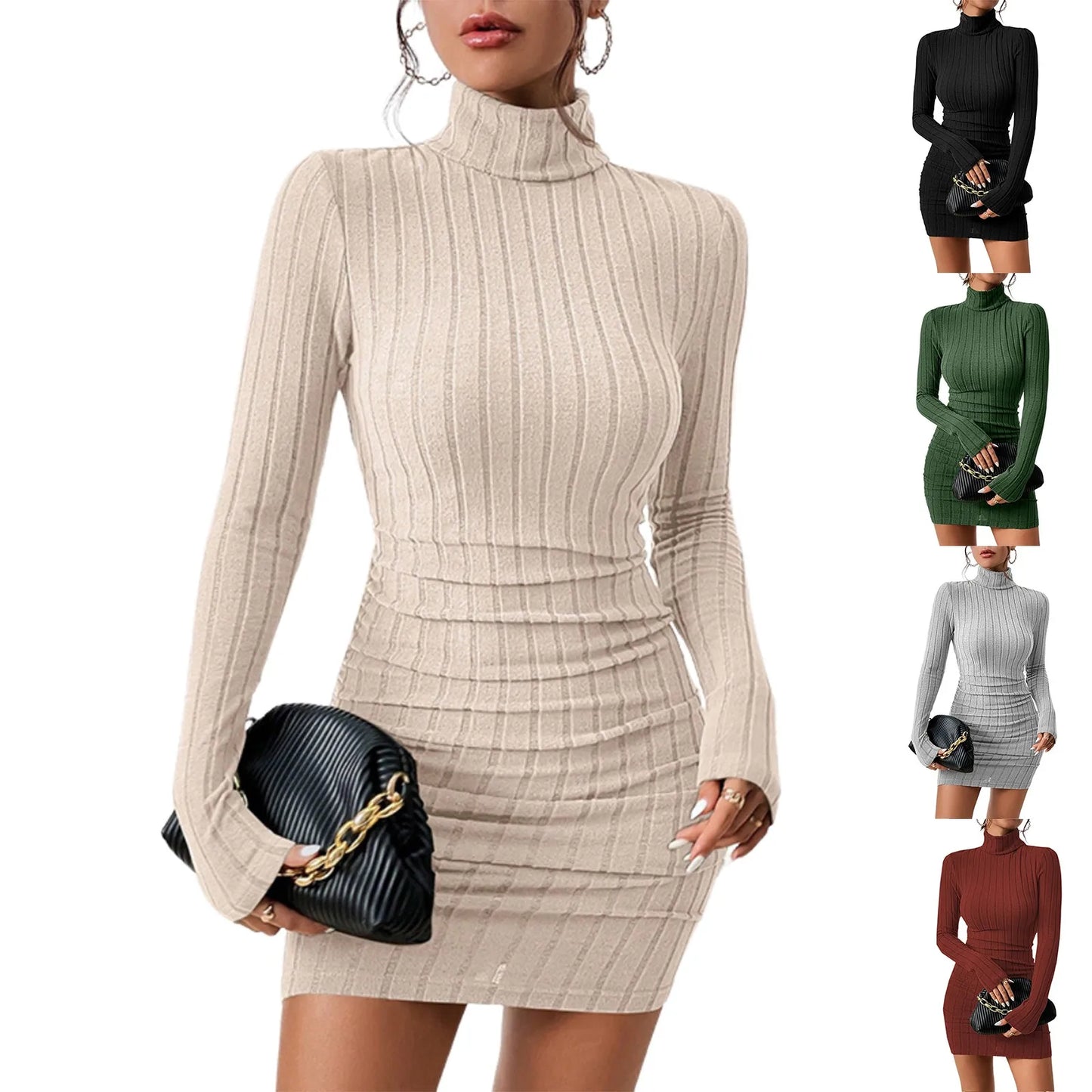Women’s Solid Color Slimming Turtleneck Pullover Dress - Ky Ky Kiwi