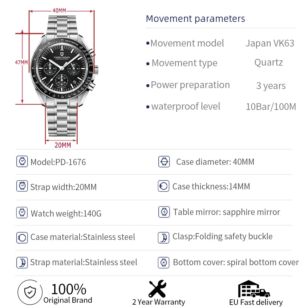 PAGANI DESIGN 2025 New Moon Men's Watches Luxury Quartz Watch For Men AR Sapphire Glass 100M Waterproof Wristwatch Chronograph