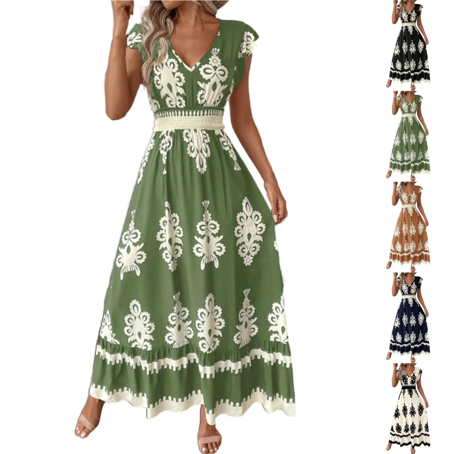 Fashion Sleeveless Maxi Boho Dress Women 2025 Summer Print Waist Bohemian Elegant Short Sleeve Dresses For Women Robe Femme