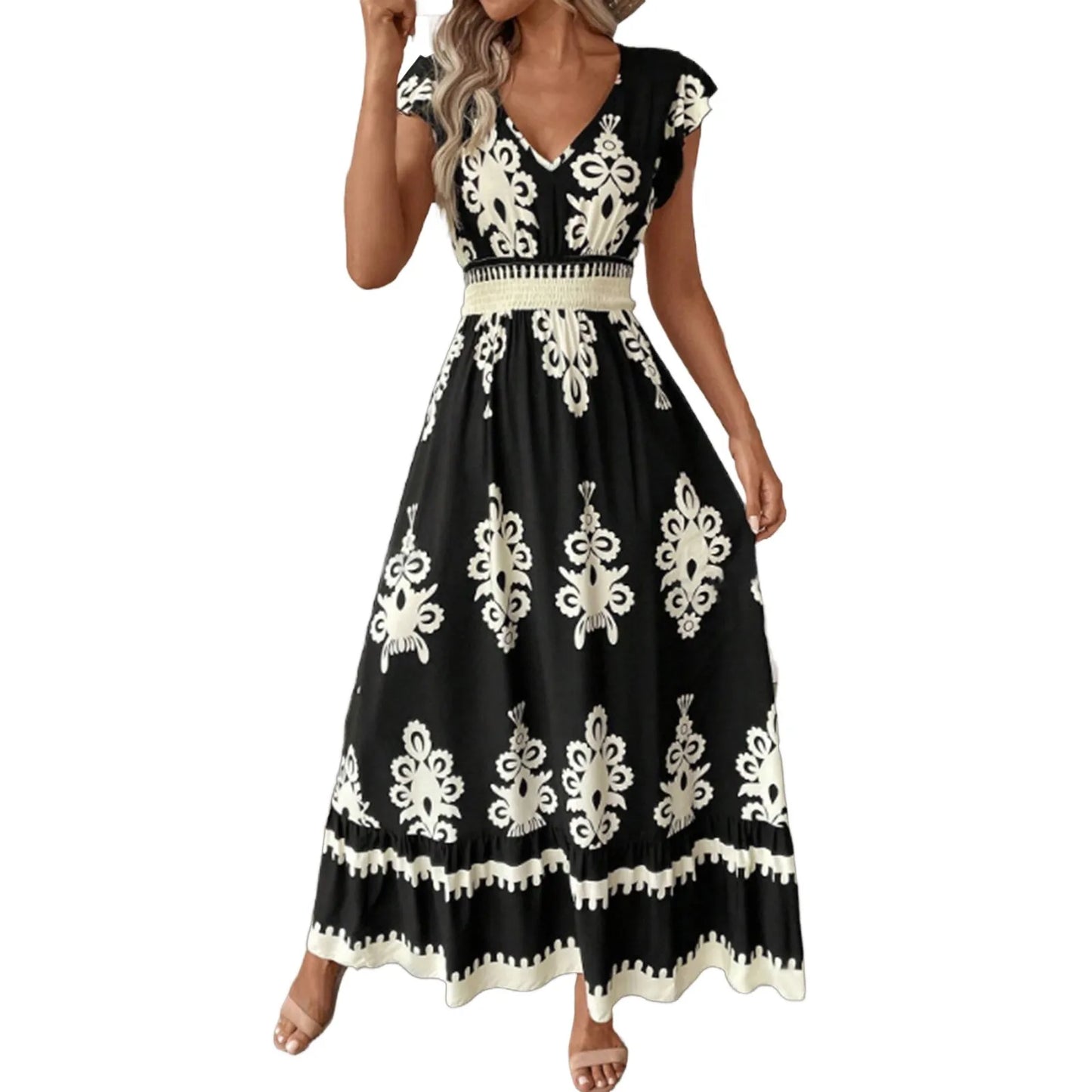 Fashion Sleeveless Maxi Boho Dress Women 2025 Summer Print Waist Bohemian Elegant Short Sleeve Dresses For Women Robe Femme
