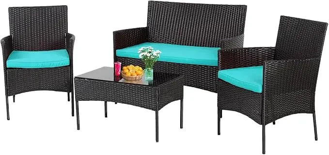 Outdoor Wicker Patio Conversation Set with Cushions and Table - Ky Ky Kiwi