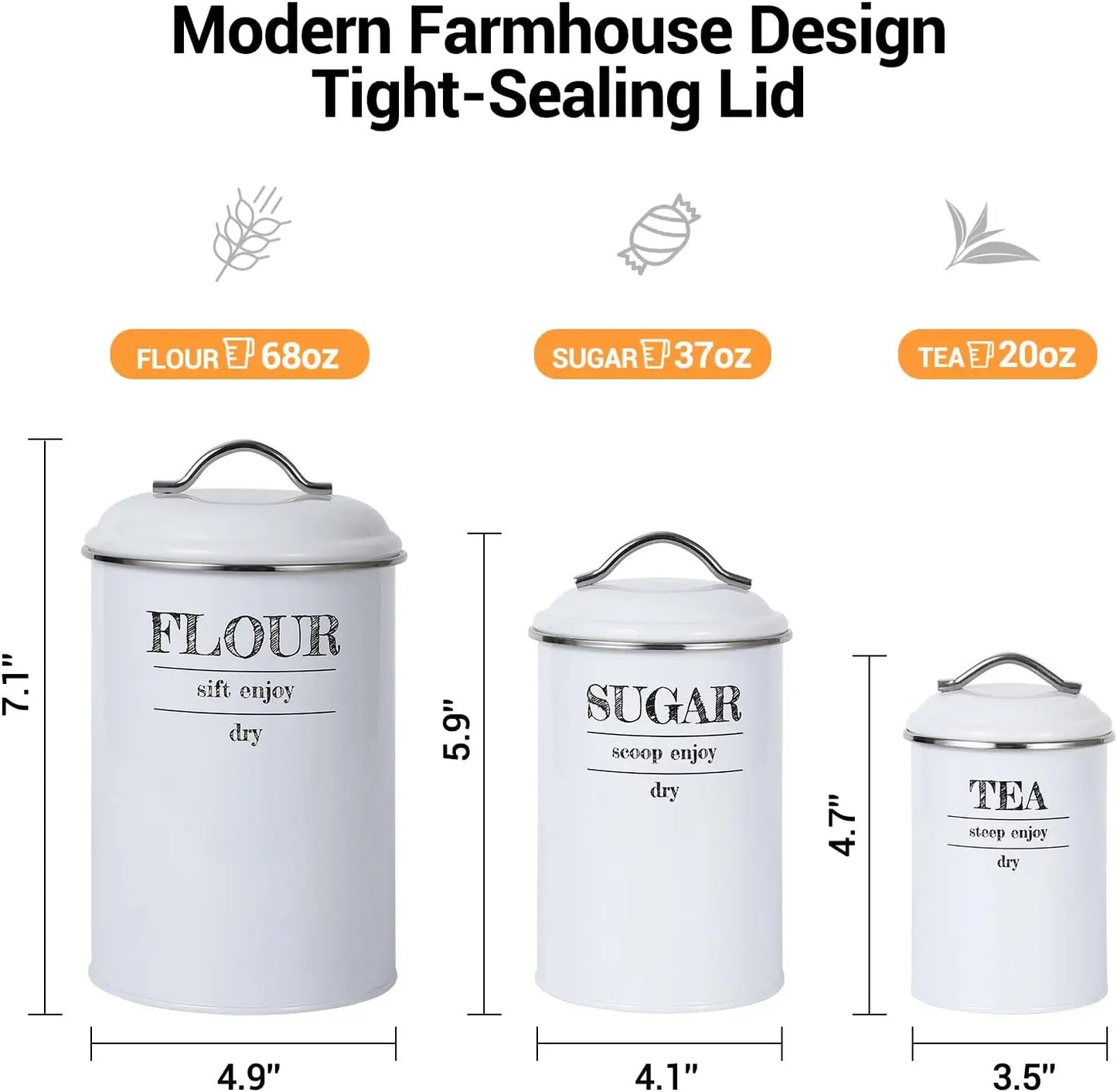 Kitchen Canisters Set of 3, Food Storage Containers with Airtight Lids, Countertop Coffee Tea Sugar Canisters for Home Decor, Wh