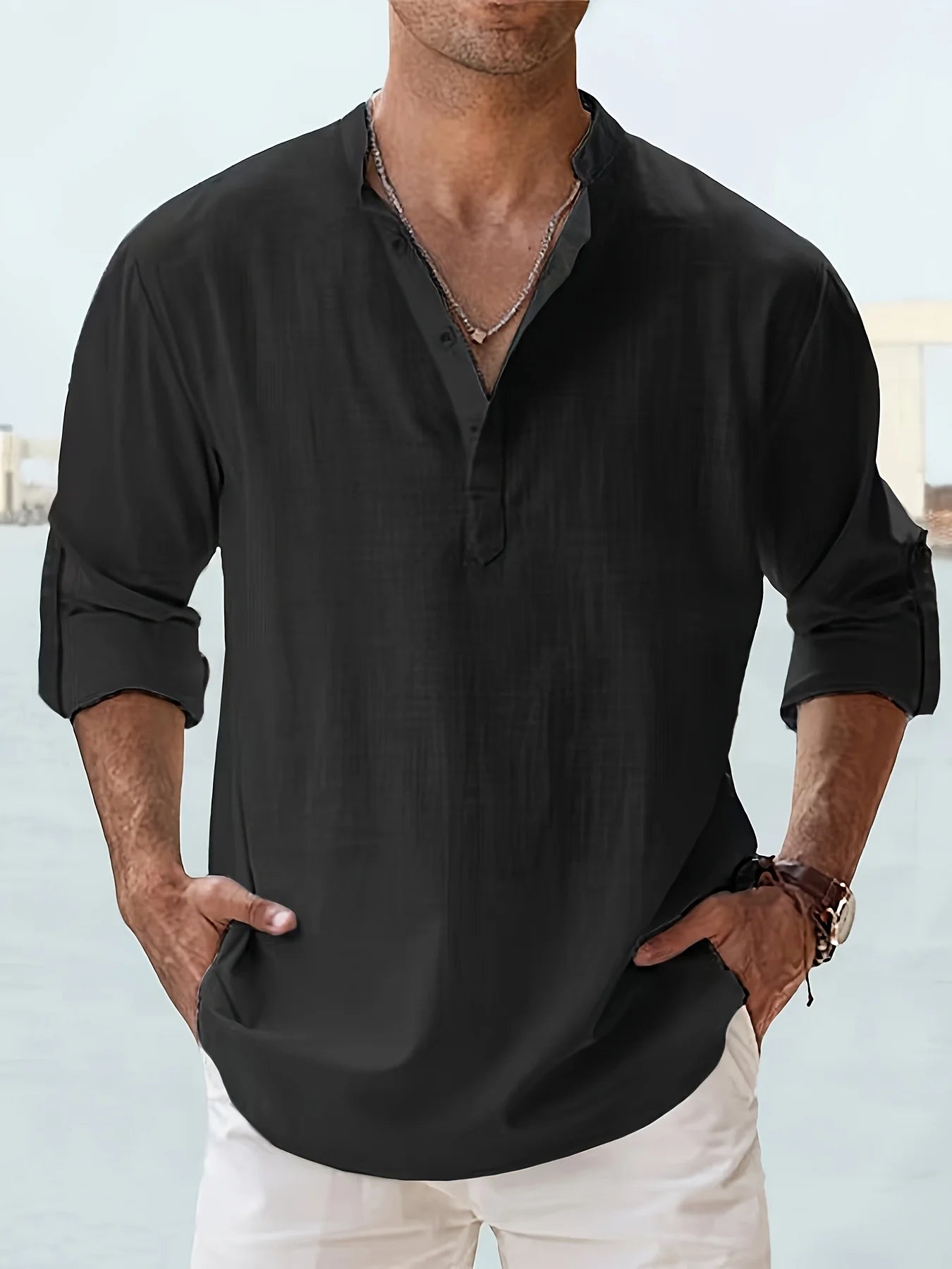 Men's Linen Stand Collar Long Sleeve T-Shirt for Summer - Ky Ky Kiwi