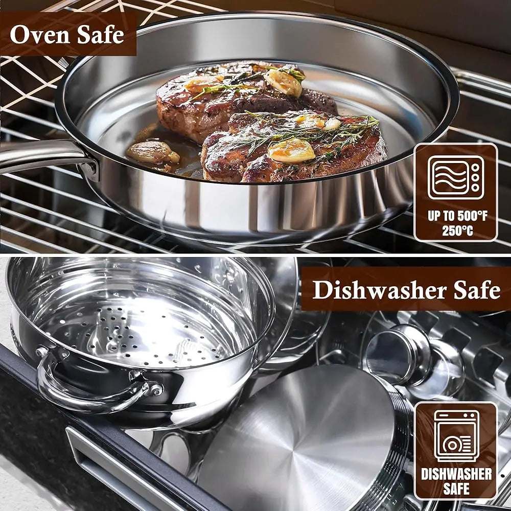 15-Piece Stainl Steel Cookware Set, Pots And Pans Set With Glass Lids, Kitchen Induction Cookware With Steamer, Utensils Set &