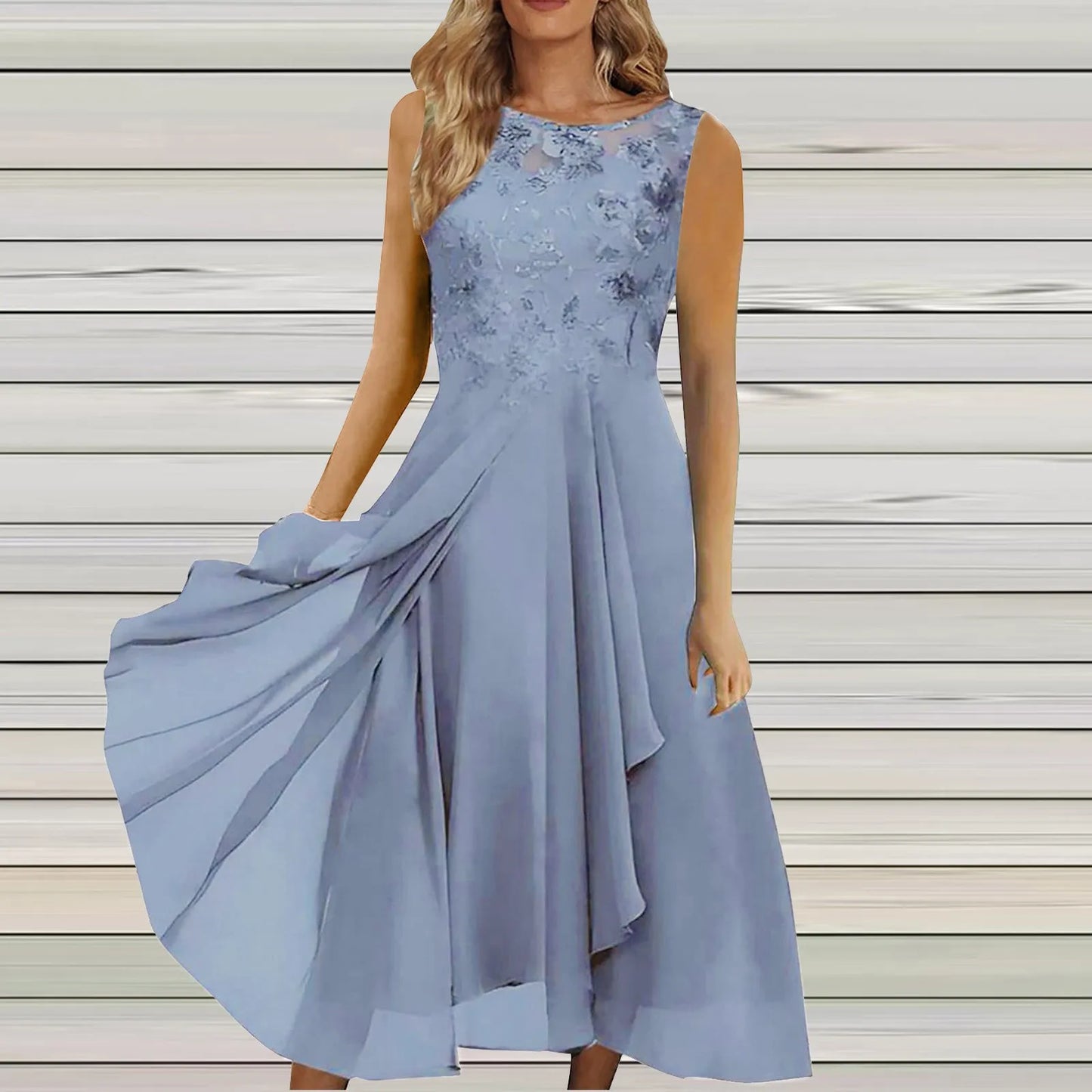 Women'S Dress Chiffon Elegant Lace Patchwork Dress Cut-Out Sleeveless Dress Bridesmaid Evening Dress Ropa De Mujer