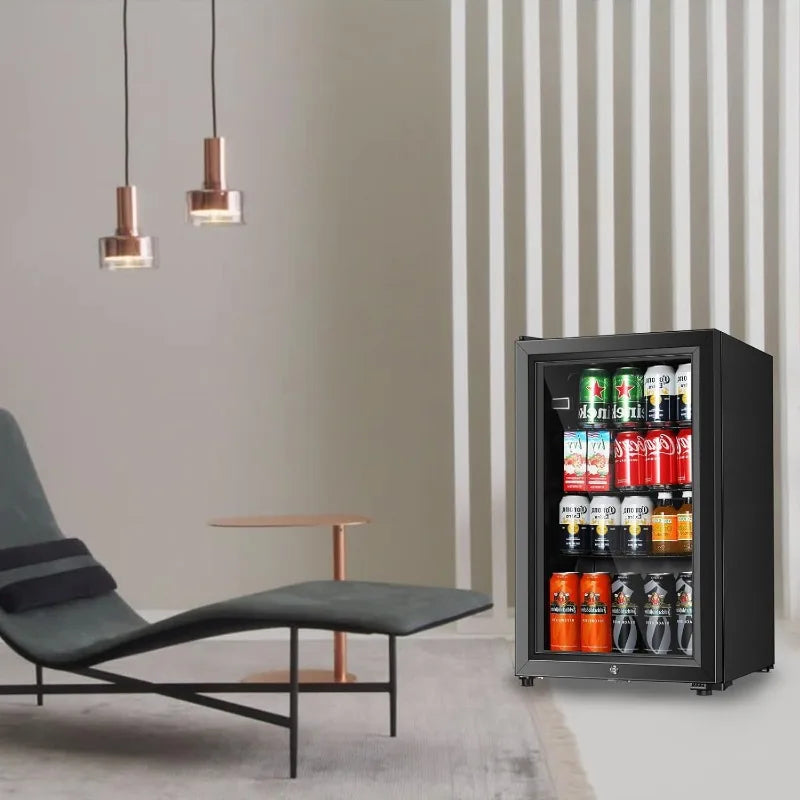 Beverage Refrigerator With 80 Can,Freestanding Beverage Cooler For Office, Home|Double Glass Door&Adjustable Shelving