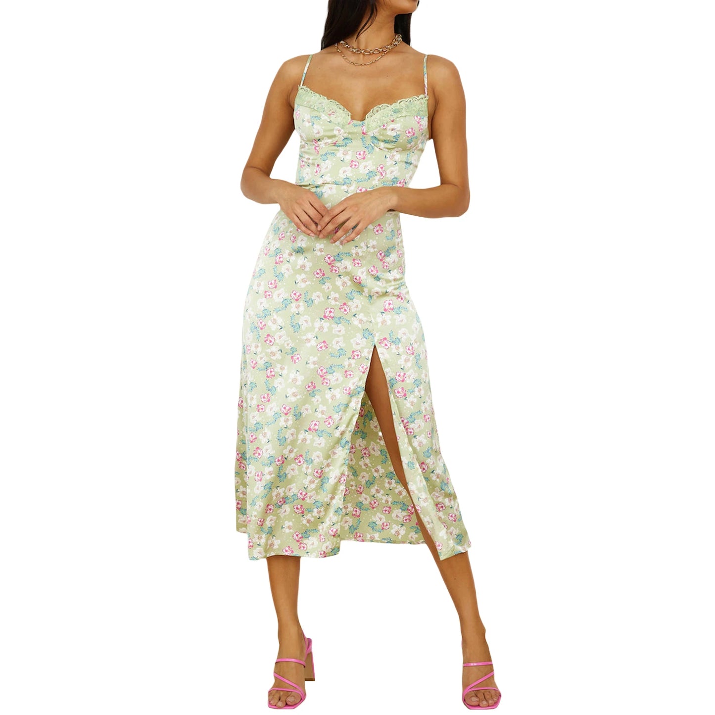 Women Sling Dress Spaghetti Straps Backless Lace Patchwork Flower Print Midi Dress