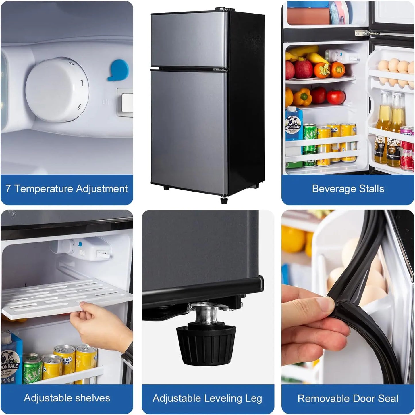 Mini Fridge with Freezer, 2.9 Cu.Ft Small Fridge, Energy Saving, Low Noise,7 Adjustable Thermostat, Double Door Refrigerator