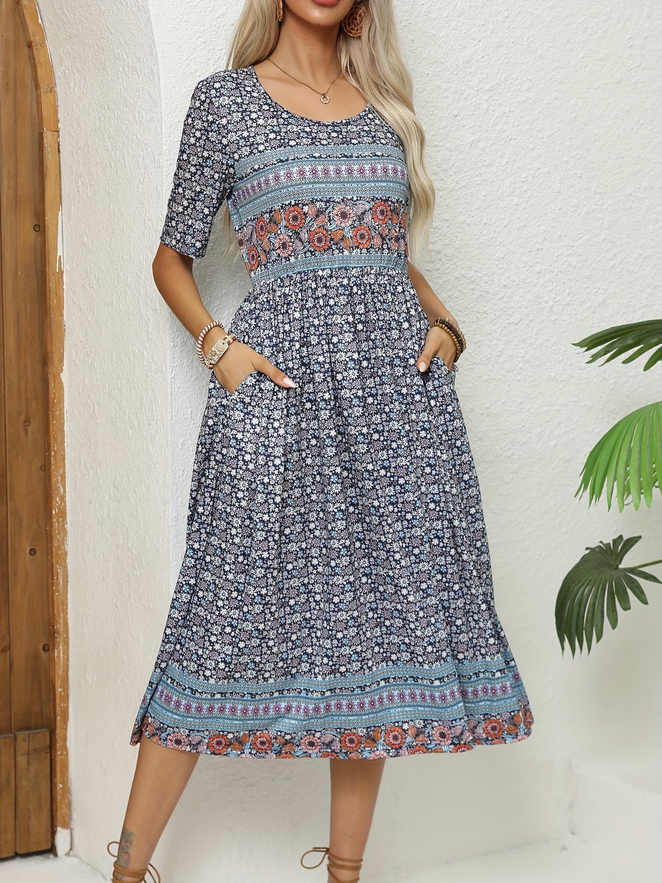 2025 Summer Ladies Casual Bohemian Dress Short Sleeve Crew Neck Pocket Dress Loose Casual Dress Bohemian Beach Dress