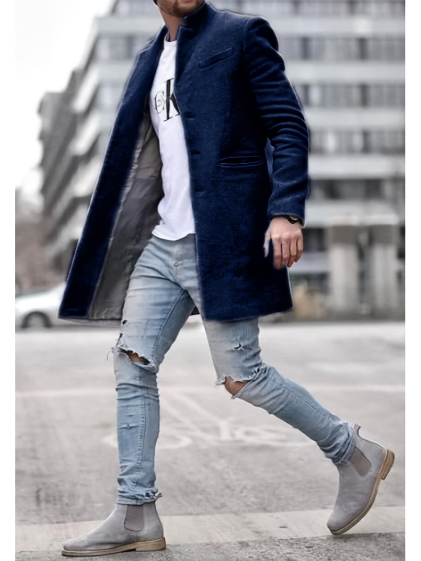 Mens Winter Jacket Stand Collar Mid Length Windbreaker Coat Outerwear With Button Front Closure