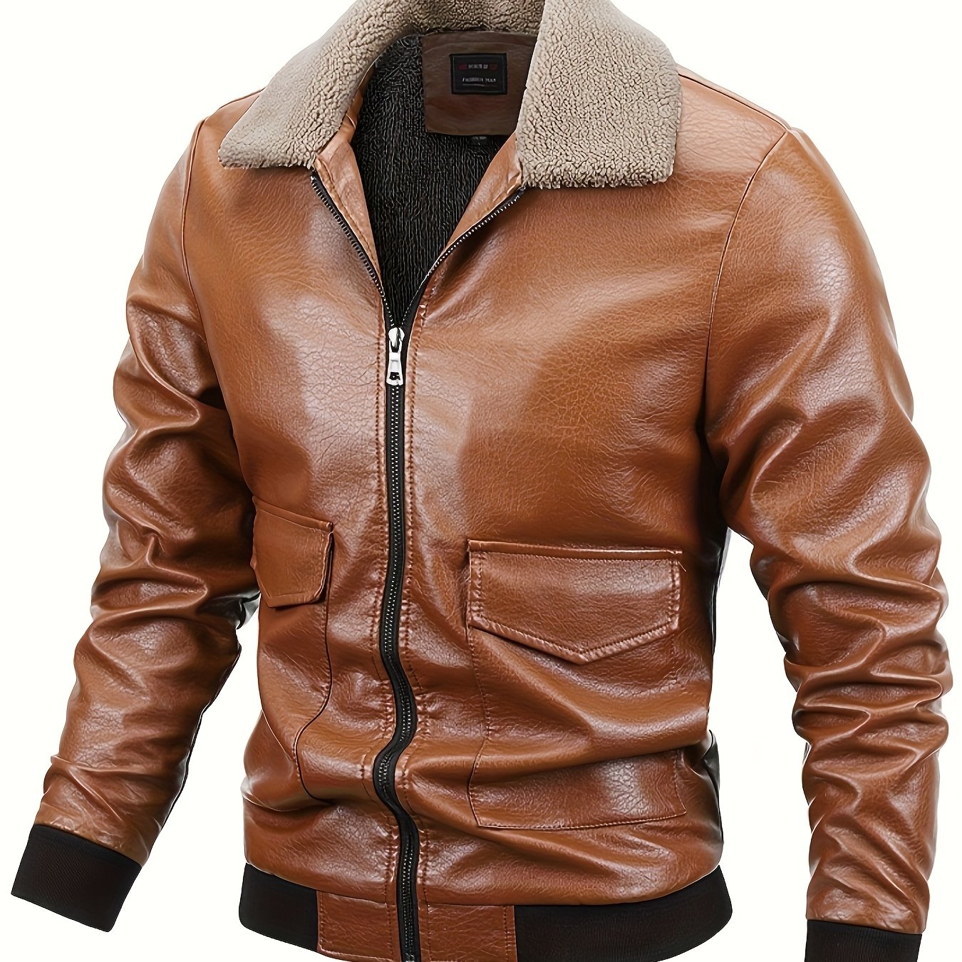 Men's Winter Flight Jacket Faux Leather Tactical Biker Style With Plush Lining And Windproof Full Zip