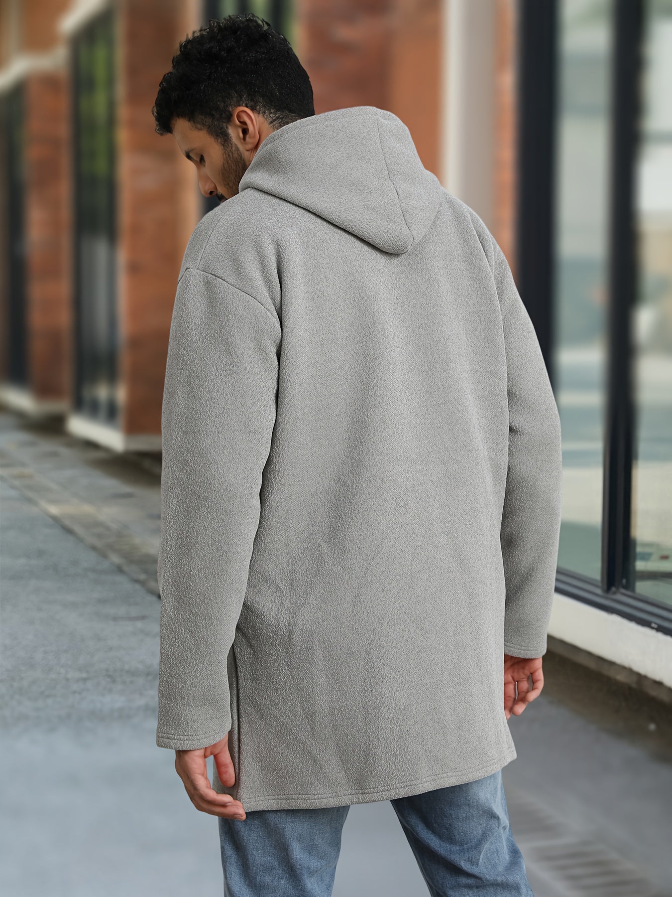 Men's Mid Length Hooded Jacket With Zipper Closure Front Pockets And Split Hem Durable Polyester Coat