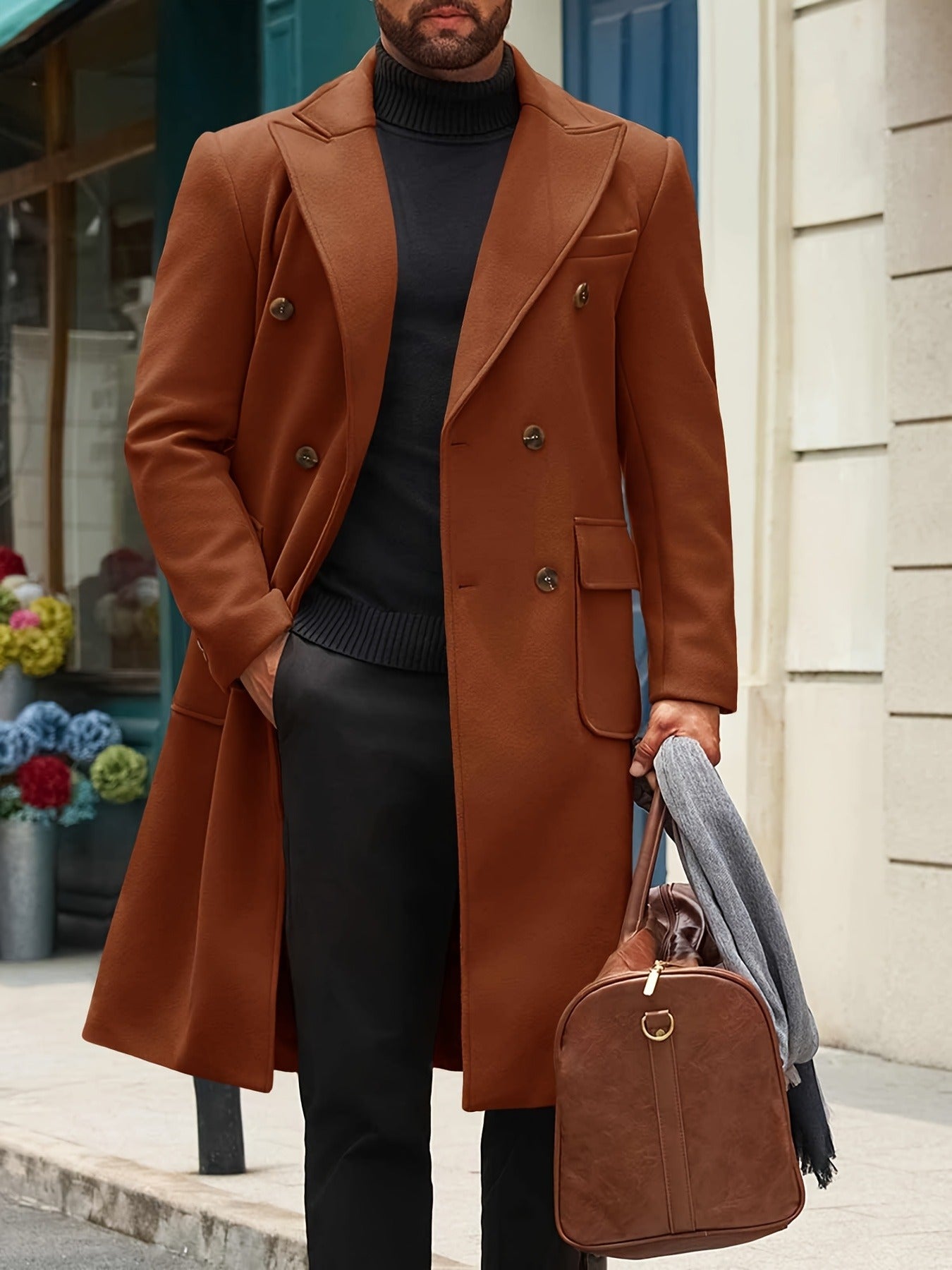 Men's Classic Double Breasted Trench Coat With Notched Lapel And Warm Polyester Lining For Winter