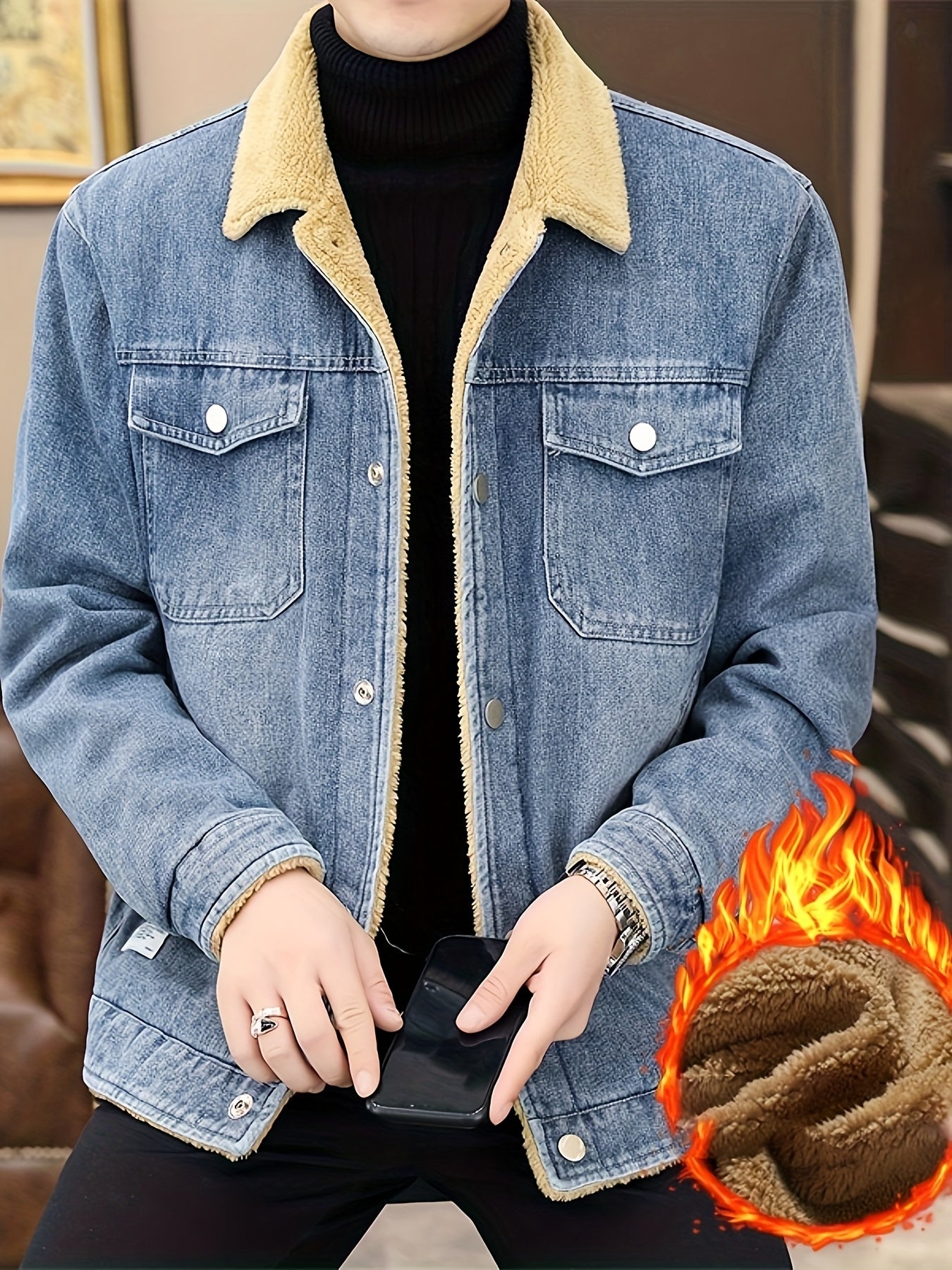 Mens Fleece Lined Faux Denim Jacket Warm Winter Coat With Classic Collar Button Closure