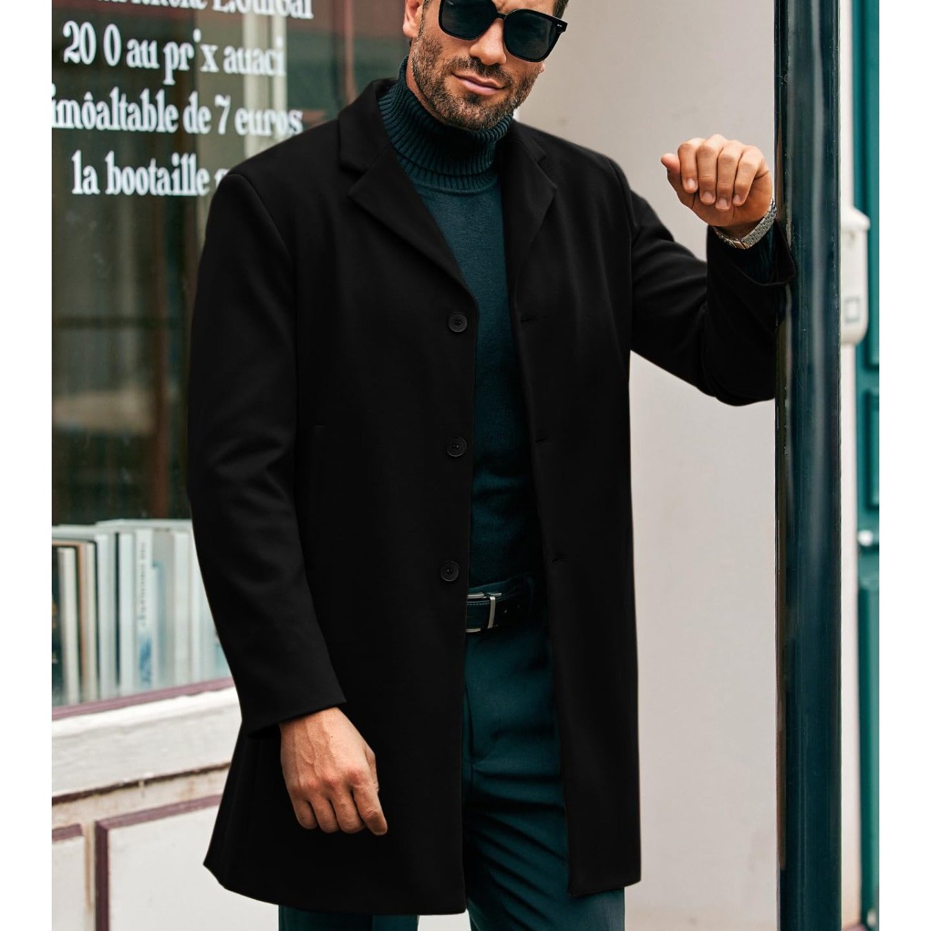 Mens Elegant Trench Coat Slim Fit With Single Breasted Button Closure Notch Lapel Pockets Outerwear