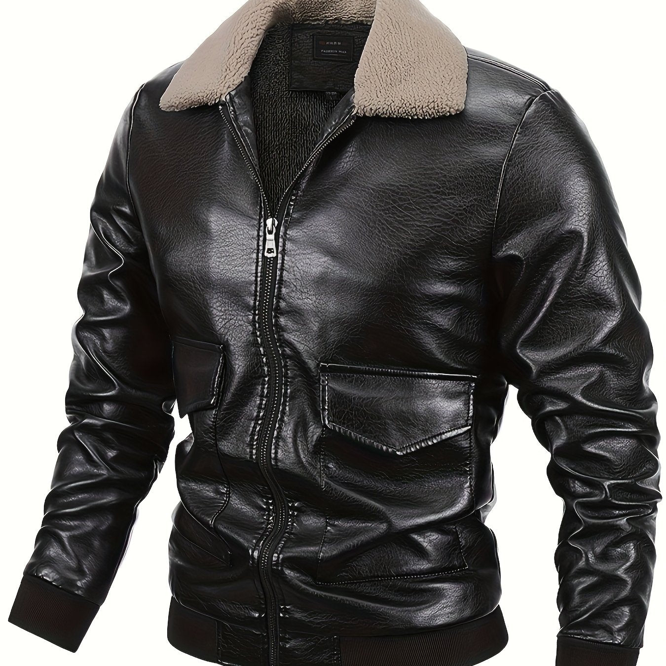 Men's Winter Flight Jacket Faux Leather Tactical Biker Style With Plush Lining And Windproof Full Zip