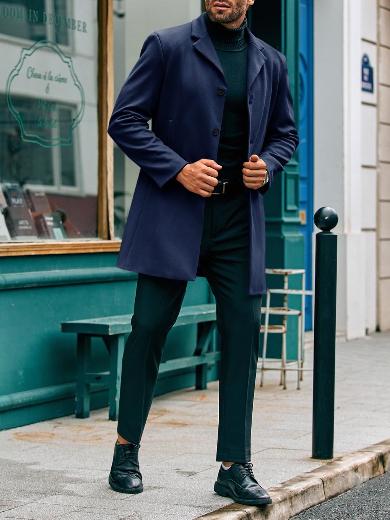 Mens Elegant Trench Coat Slim Fit With Single Breasted Button Closure Notch Lapel Pockets Outerwear