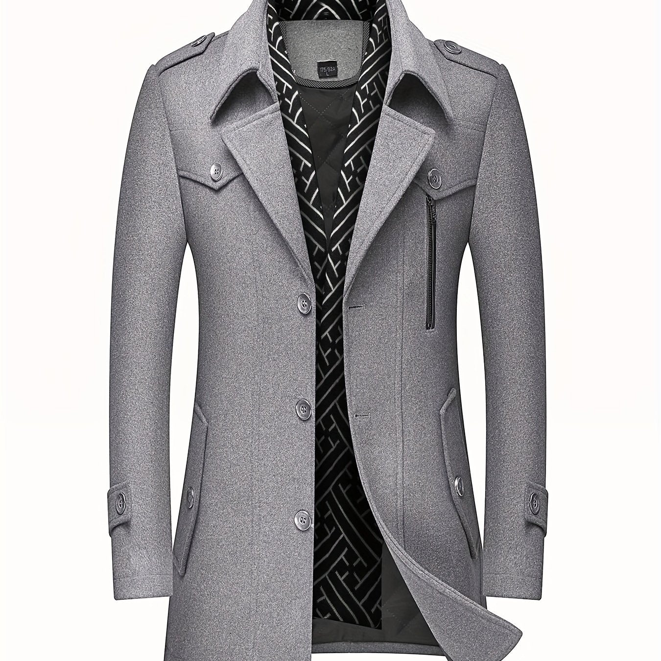 Mens Wool Blend Winter Coat With Detachable Scarf Collar Single Breasted Trench Coat For Cold Weather