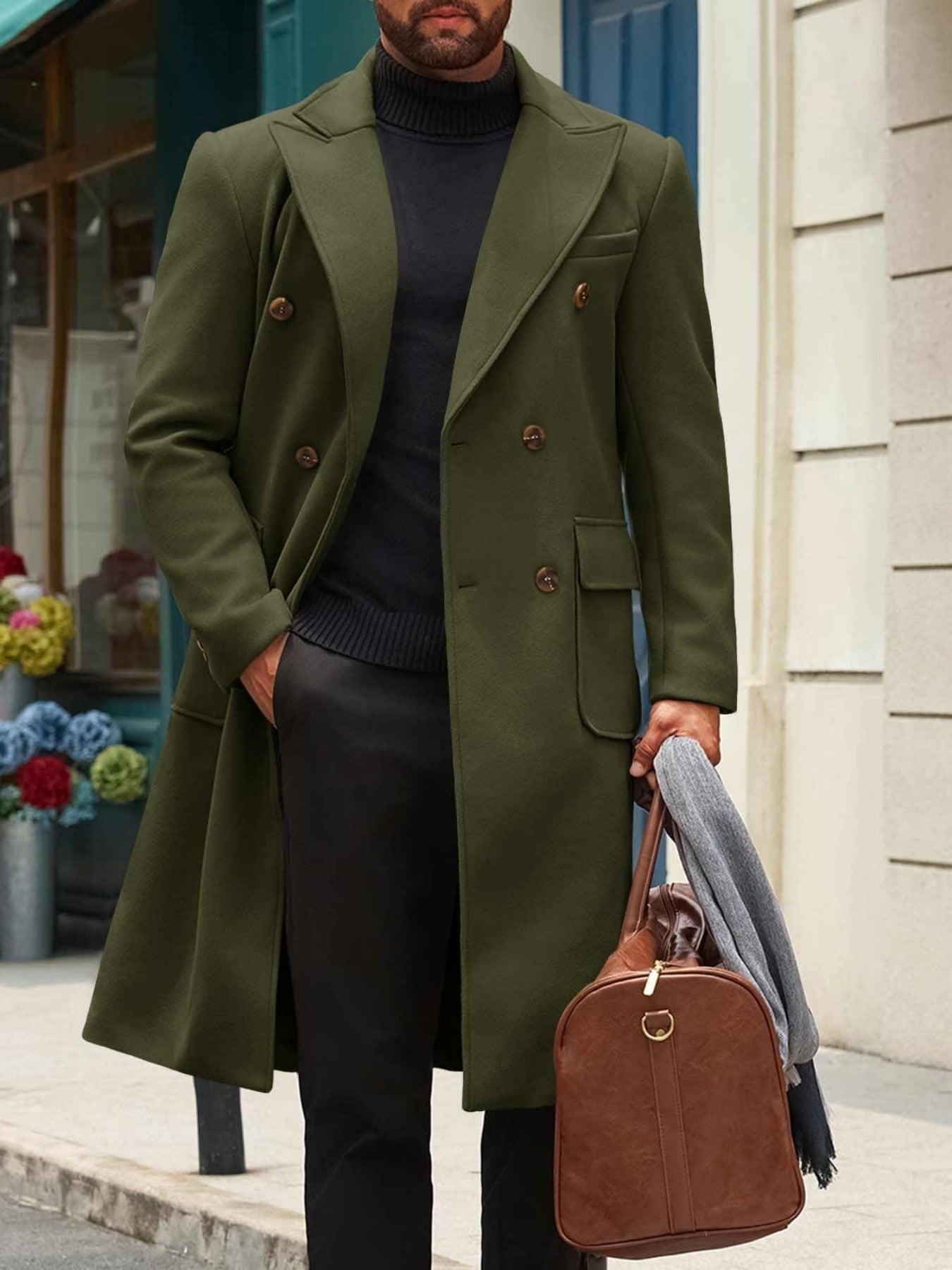 Men's Classic Double Breasted Trench Coat With Notched Lapel And Warm Polyester Lining For Winter