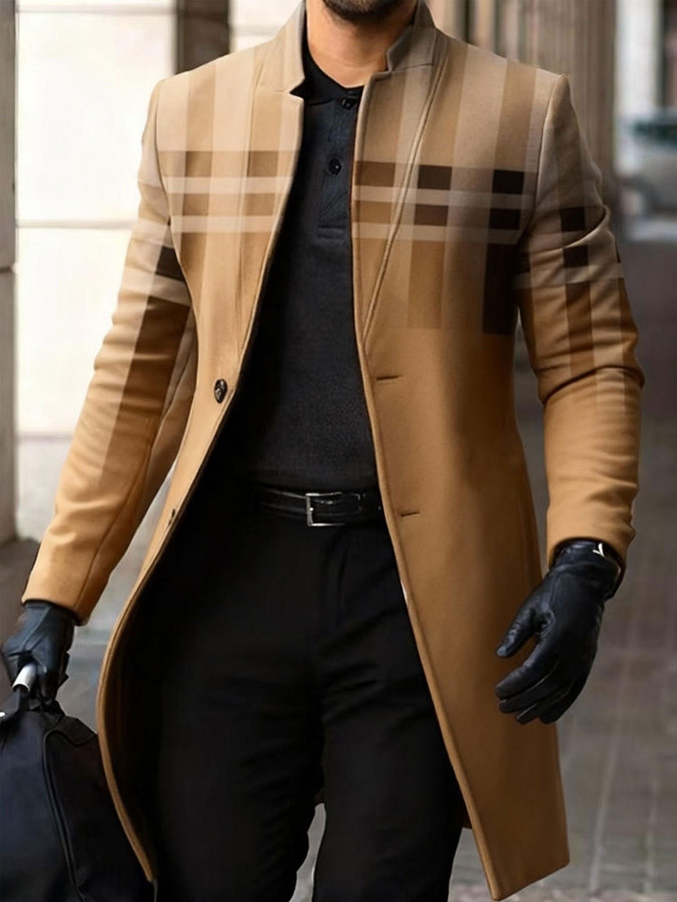 Men's Winter Windbreaker Jacket Stand Collar Coat Button Closure Machine Washable Outerwear Random Print