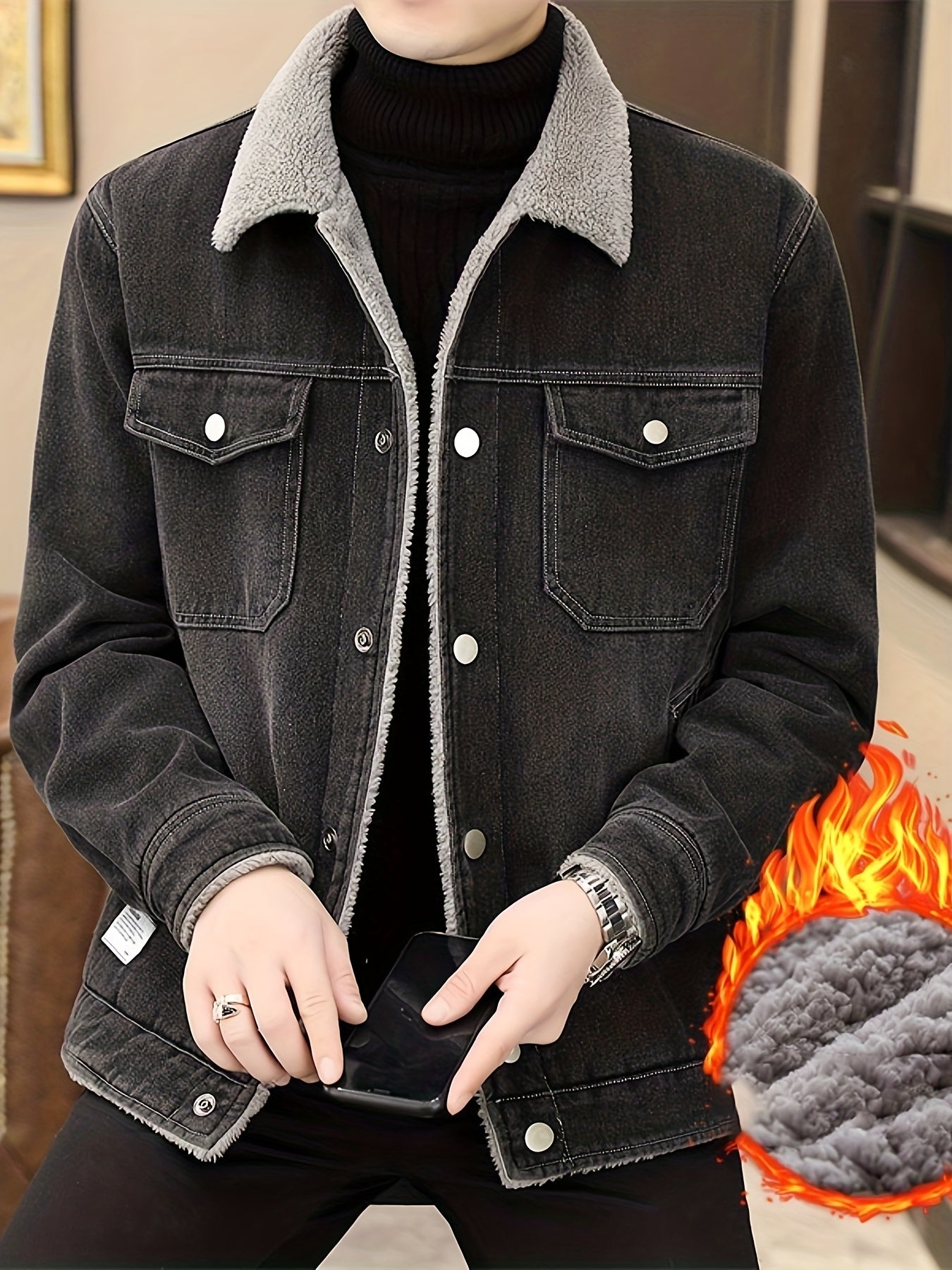 Mens Fleece Lined Faux Denim Jacket Warm Winter Coat With Classic Collar Button Closure