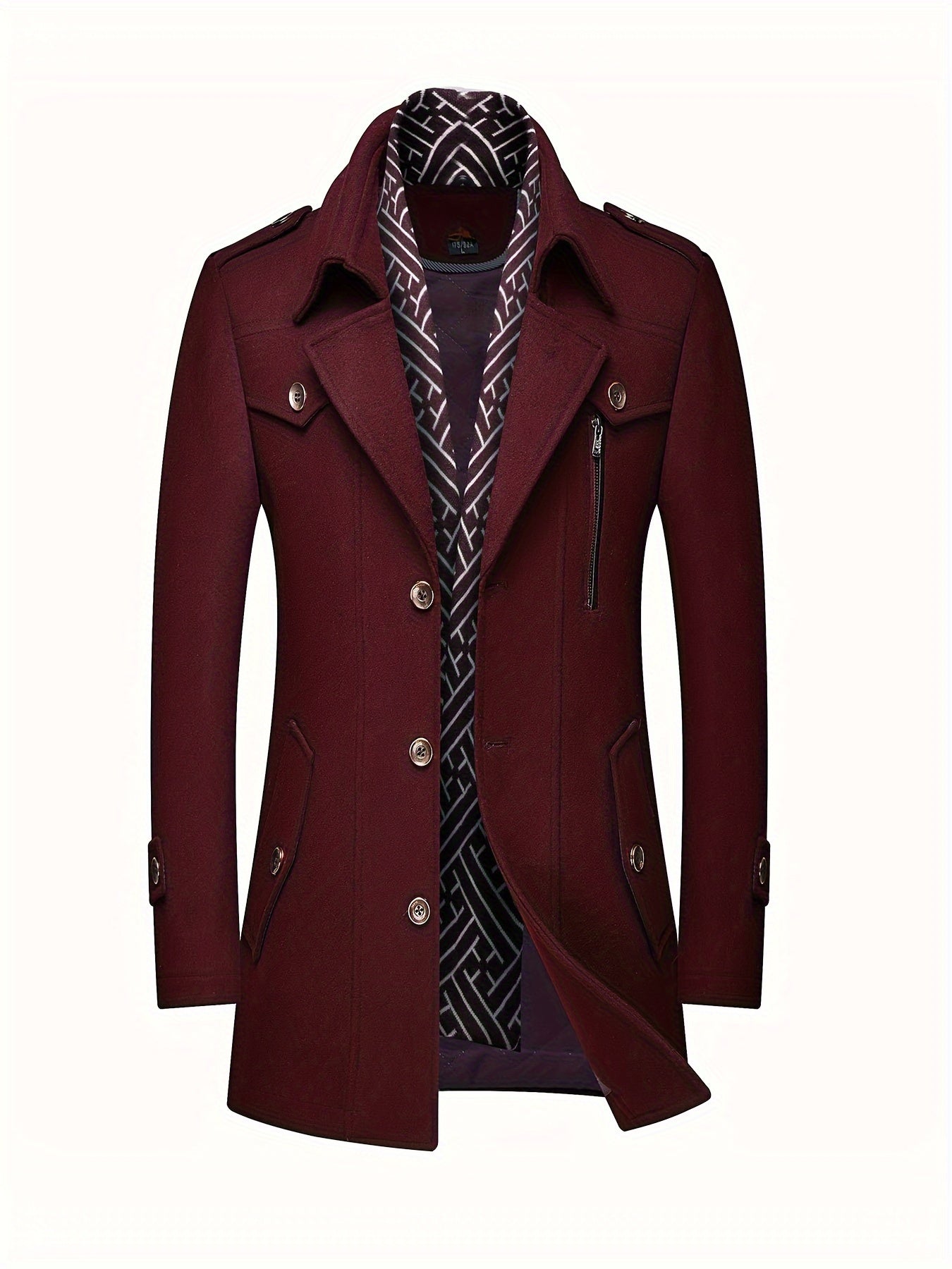 Mens Wool Blend Winter Coat With Detachable Scarf Collar Single Breasted Trench Coat For Cold Weather