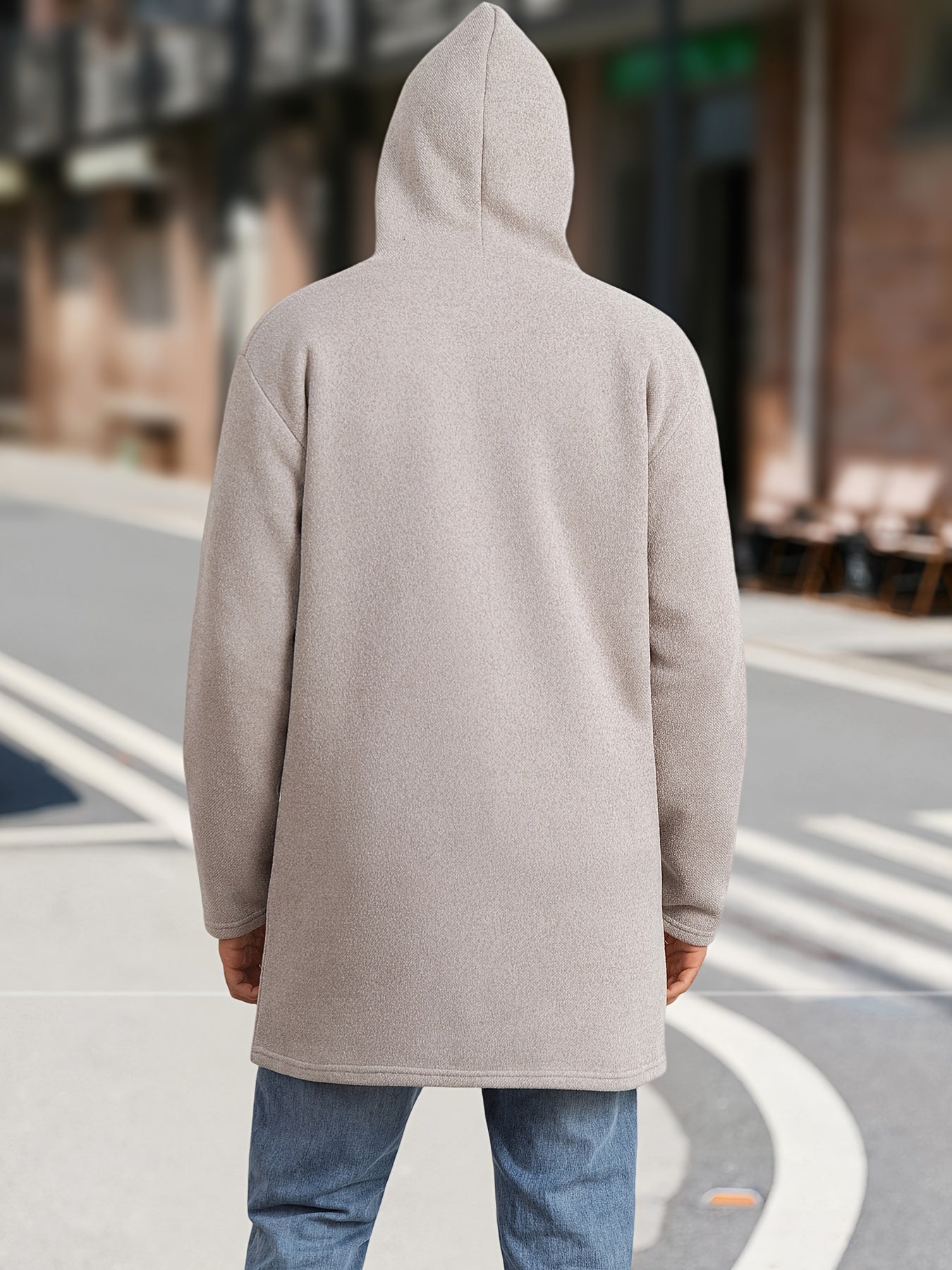 Men's Mid Length Hooded Jacket With Zipper Closure Front Pockets And Split Hem Durable Polyester Coat