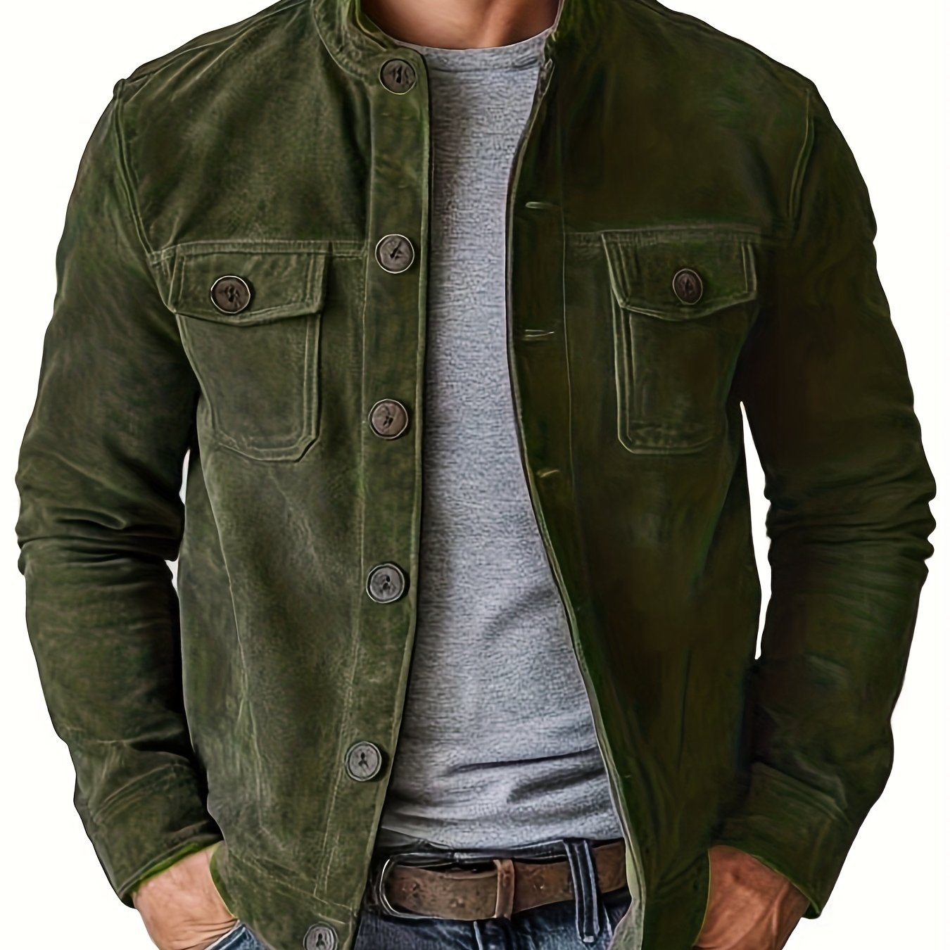 Mens Suede Jacket With Stand Collar And Retro Buttons For Business Casual And Everyday Wear