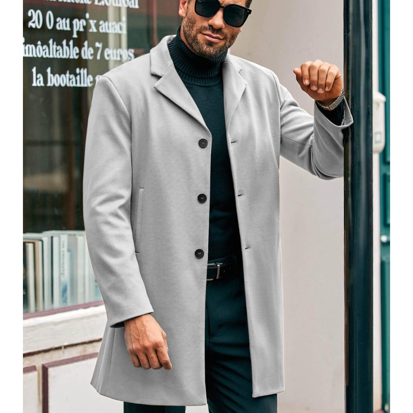 Mens Elegant Trench Coat Slim Fit With Single Breasted Button Closure Notch Lapel Pockets Outerwear