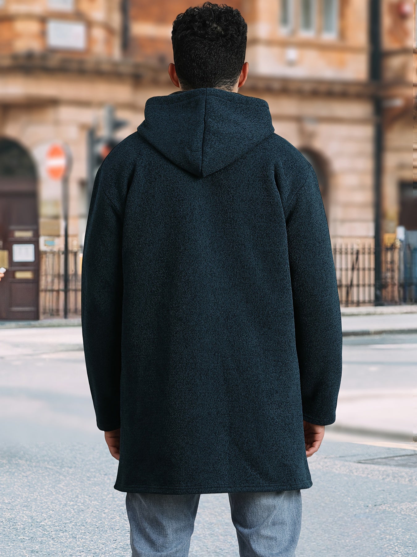 Men's Mid Length Hooded Jacket With Zipper Closure Front Pockets And Split Hem Durable Polyester Coat