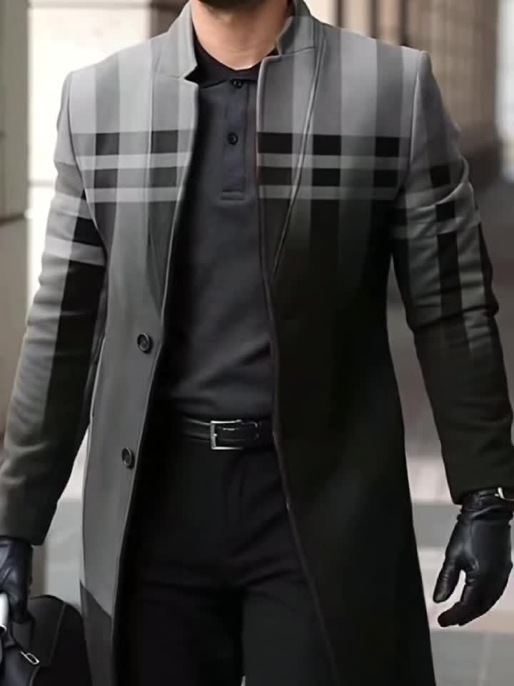 Men's Winter Windbreaker Jacket Stand Collar Coat Button Closure Machine Washable Outerwear Random Print