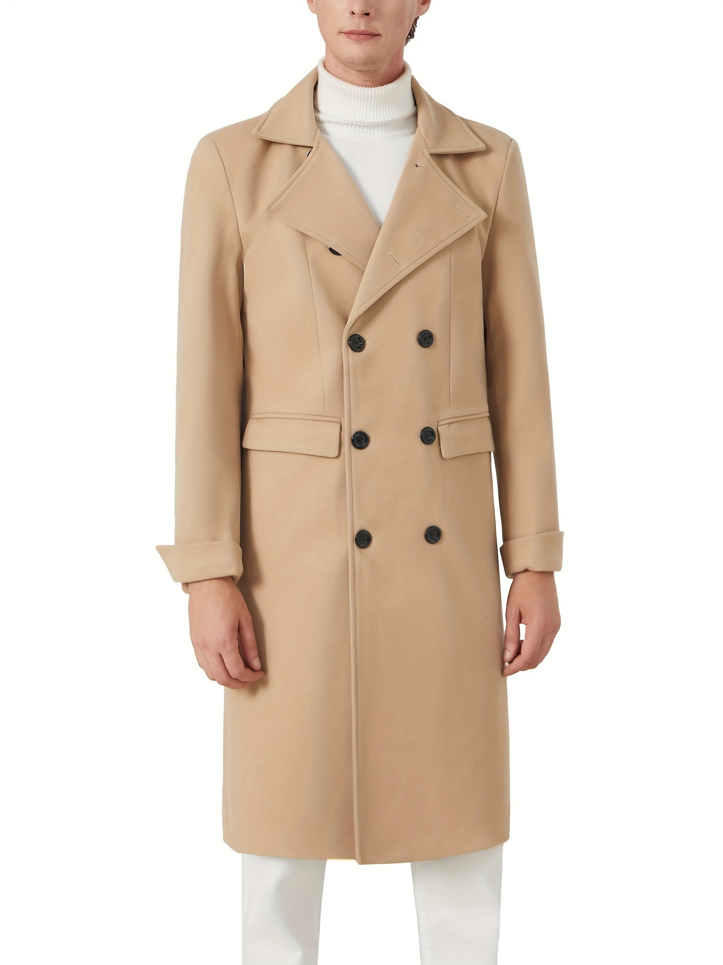 Mens Classic Long Trench Coat Double Breasted Pea Coat Warm Winter Overcoat With Pockets