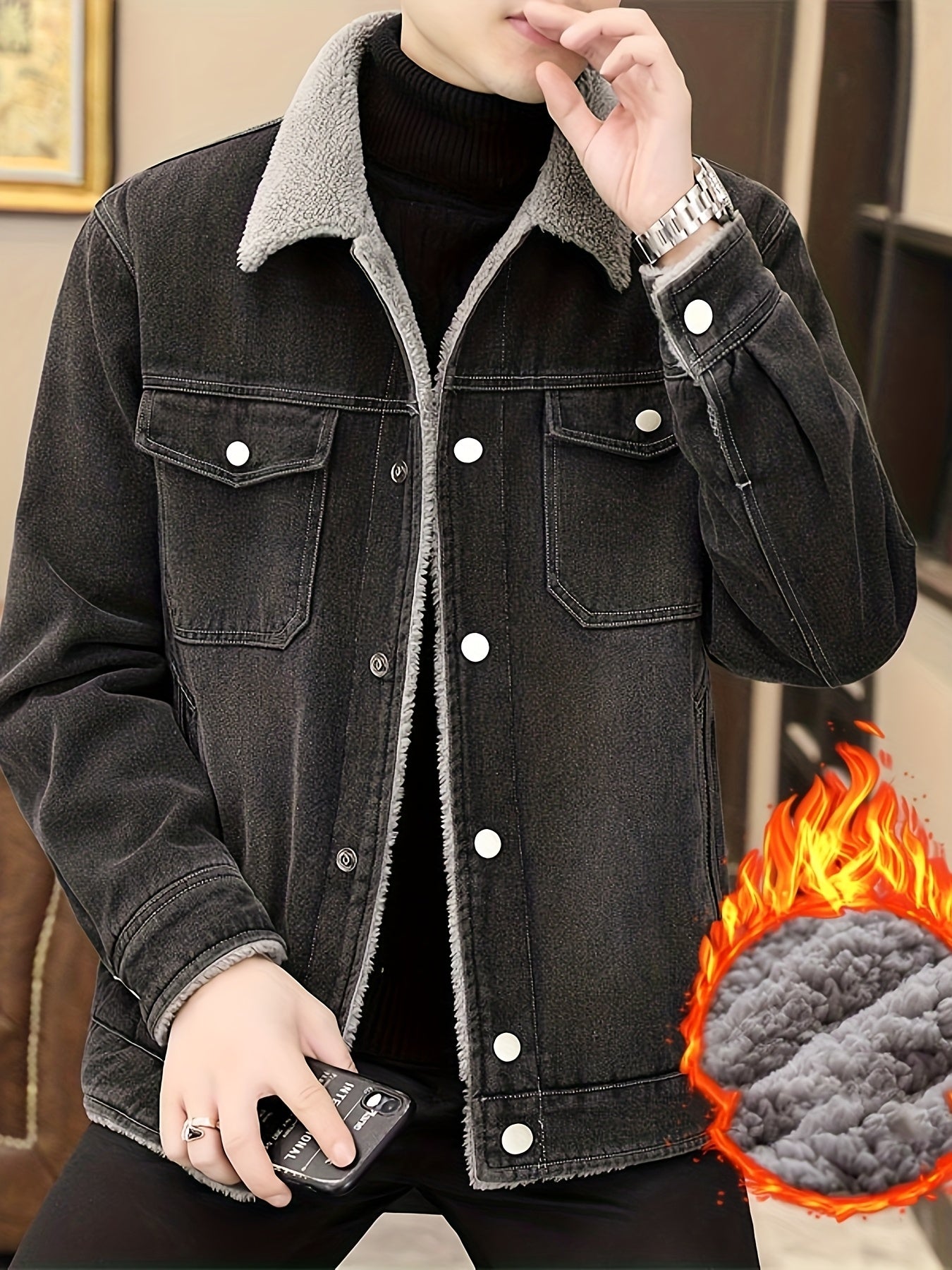 Mens Fleece Lined Faux Denim Jacket Warm Winter Coat With Classic Collar Button Closure