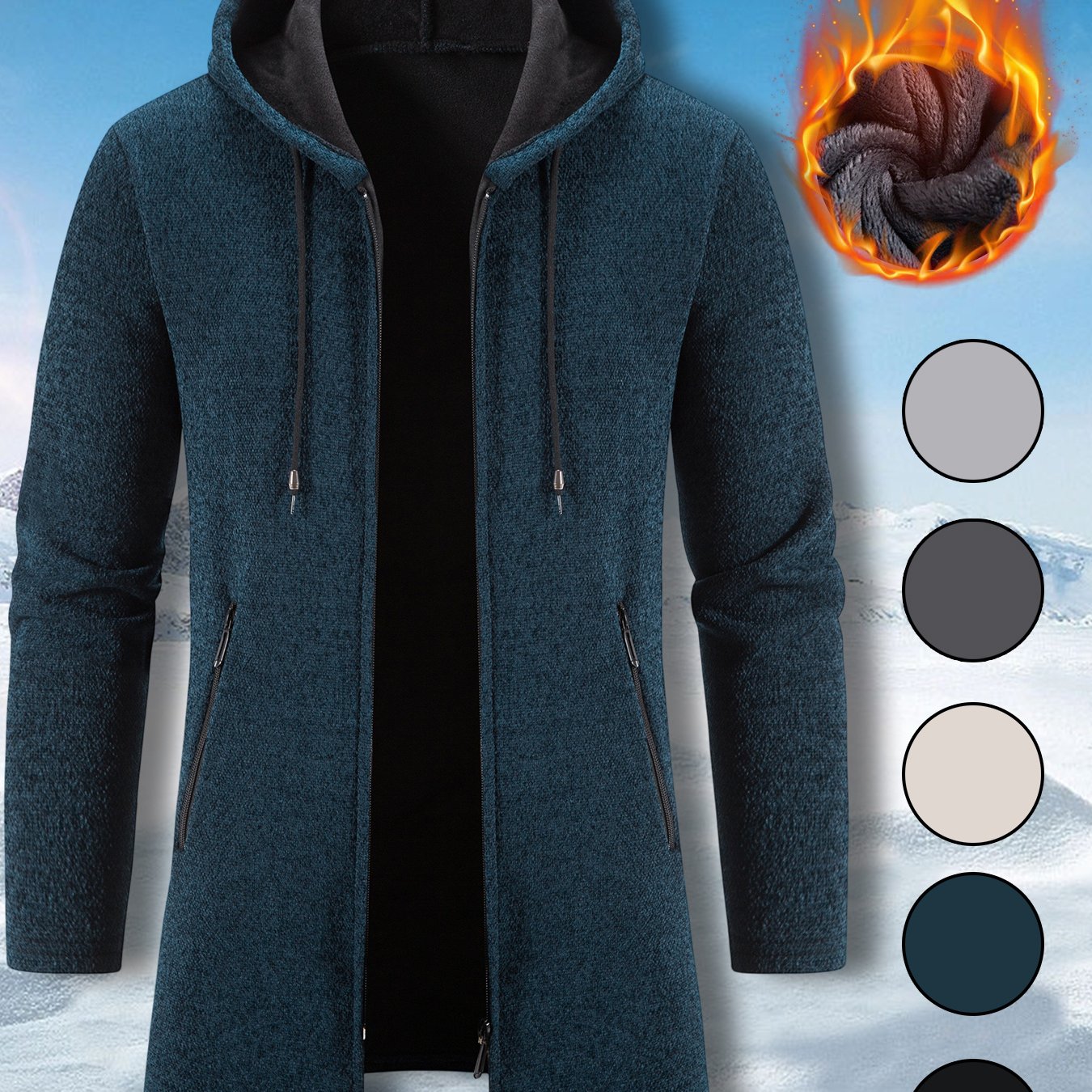 Men's Mid Length Hooded Jacket With Zipper Closure Front Pockets And Split Hem Durable Polyester Coat