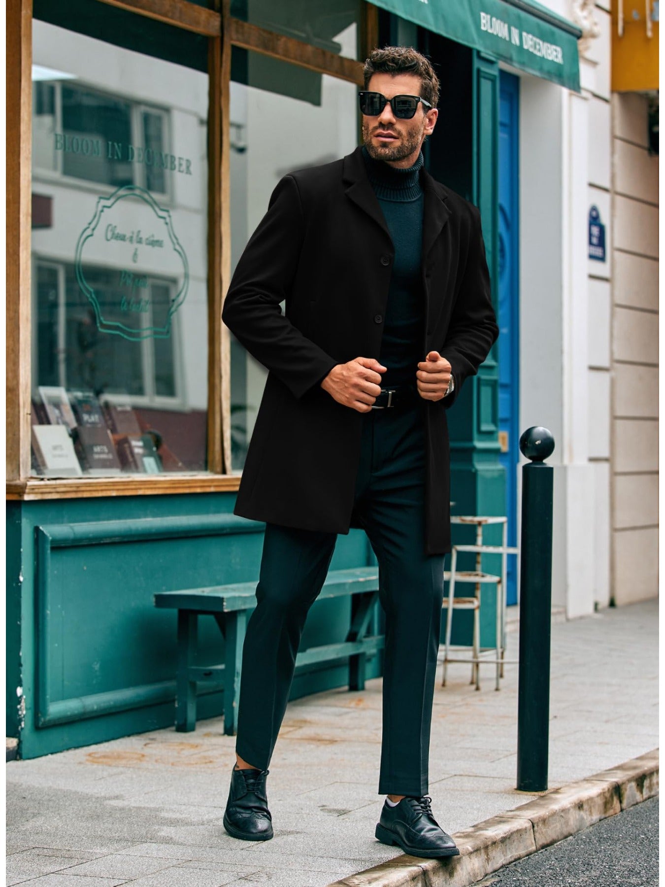 Mens Elegant Trench Coat Slim Fit With Single Breasted Button Closure Notch Lapel Pockets Outerwear