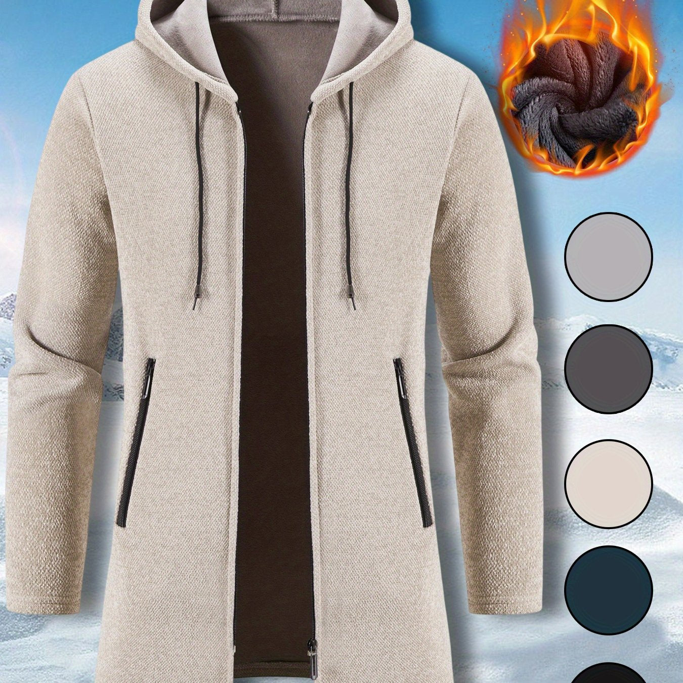 Men's Mid Length Hooded Jacket With Zipper Closure Front Pockets And Split Hem Durable Polyester Coat