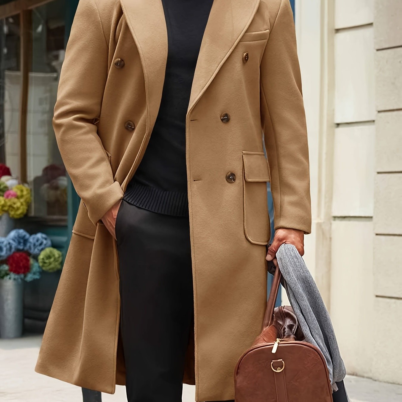 Men's Classic Double Breasted Trench Coat With Notched Lapel And Warm Polyester Lining For Winter