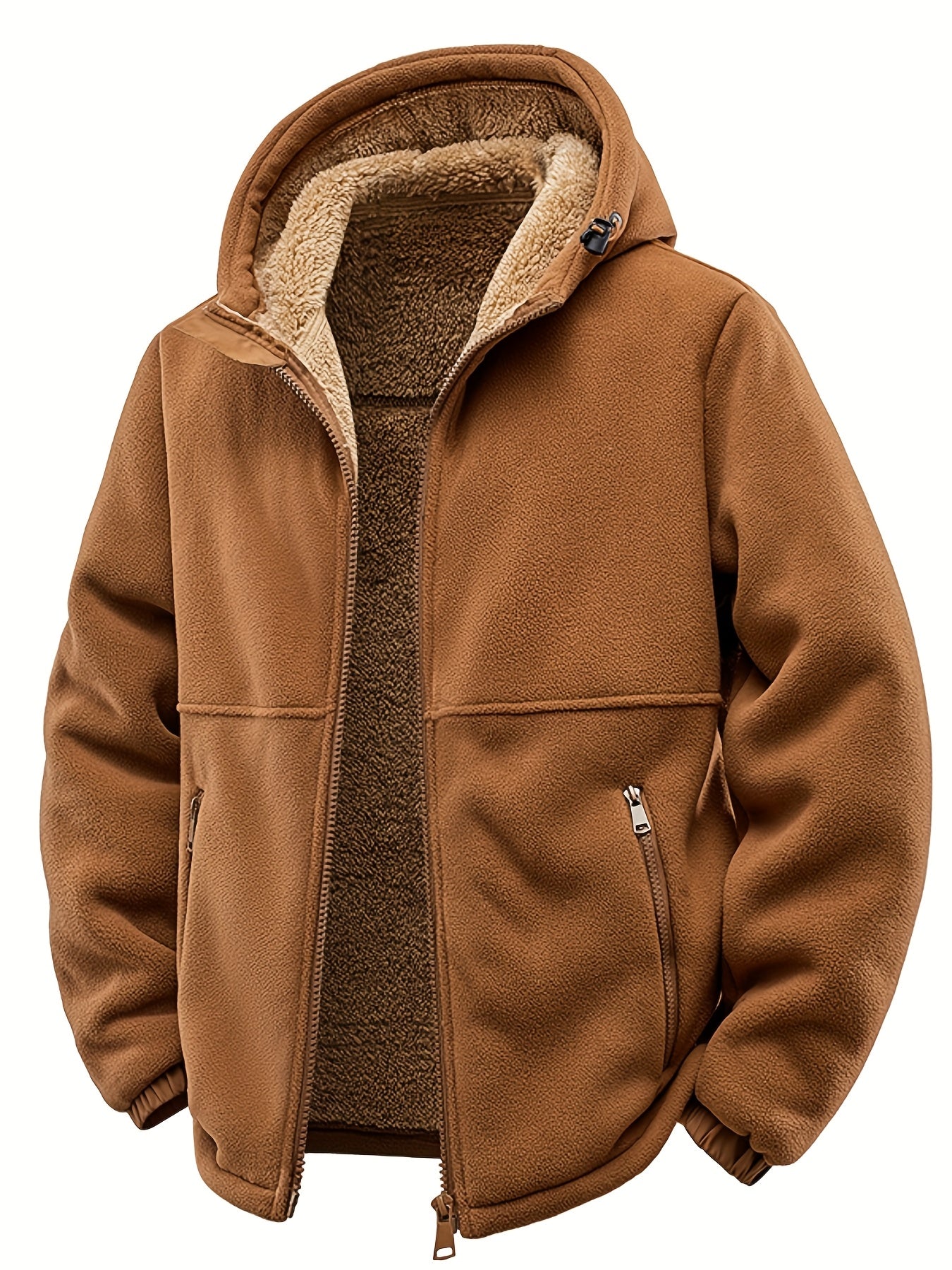 Mens Thick Synthetic Like Hooded Jacket Windproof Winter Coat Full Zip Relaxed Fit Camping Outerwear