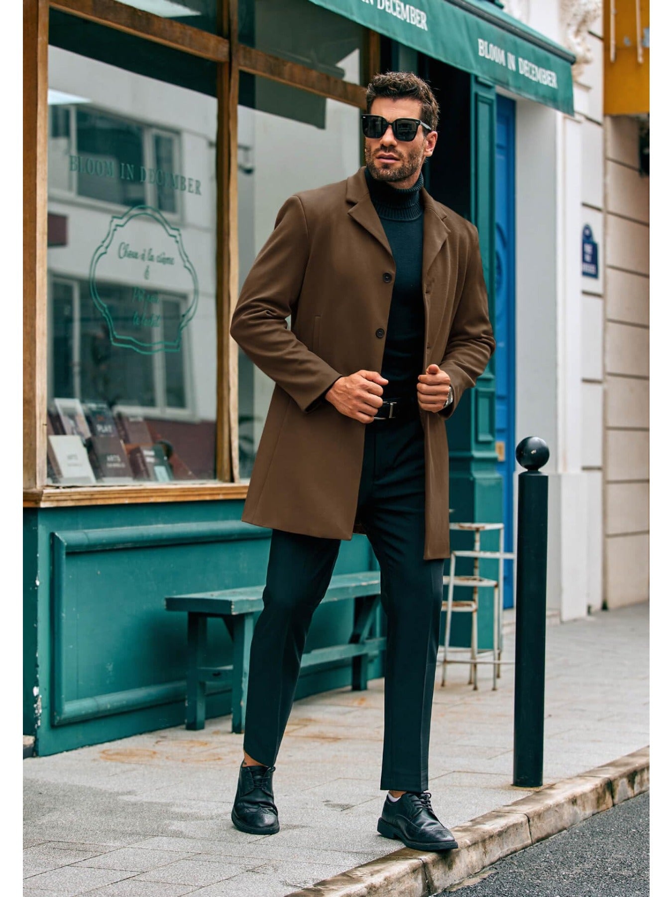 Mens Elegant Trench Coat Slim Fit With Single Breasted Button Closure Notch Lapel Pockets Outerwear