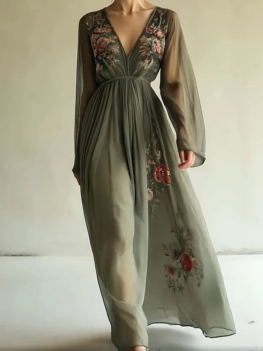 Fashion Elegant Bohemian Style Net Yarn Printed Long Dress Romantic Gowns Dresses