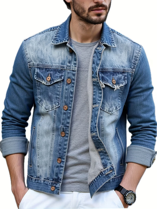 Vintage Distressed Denim Jacket for Men Loose Fit Retro Style with Long Sleeves Casual Outerwear