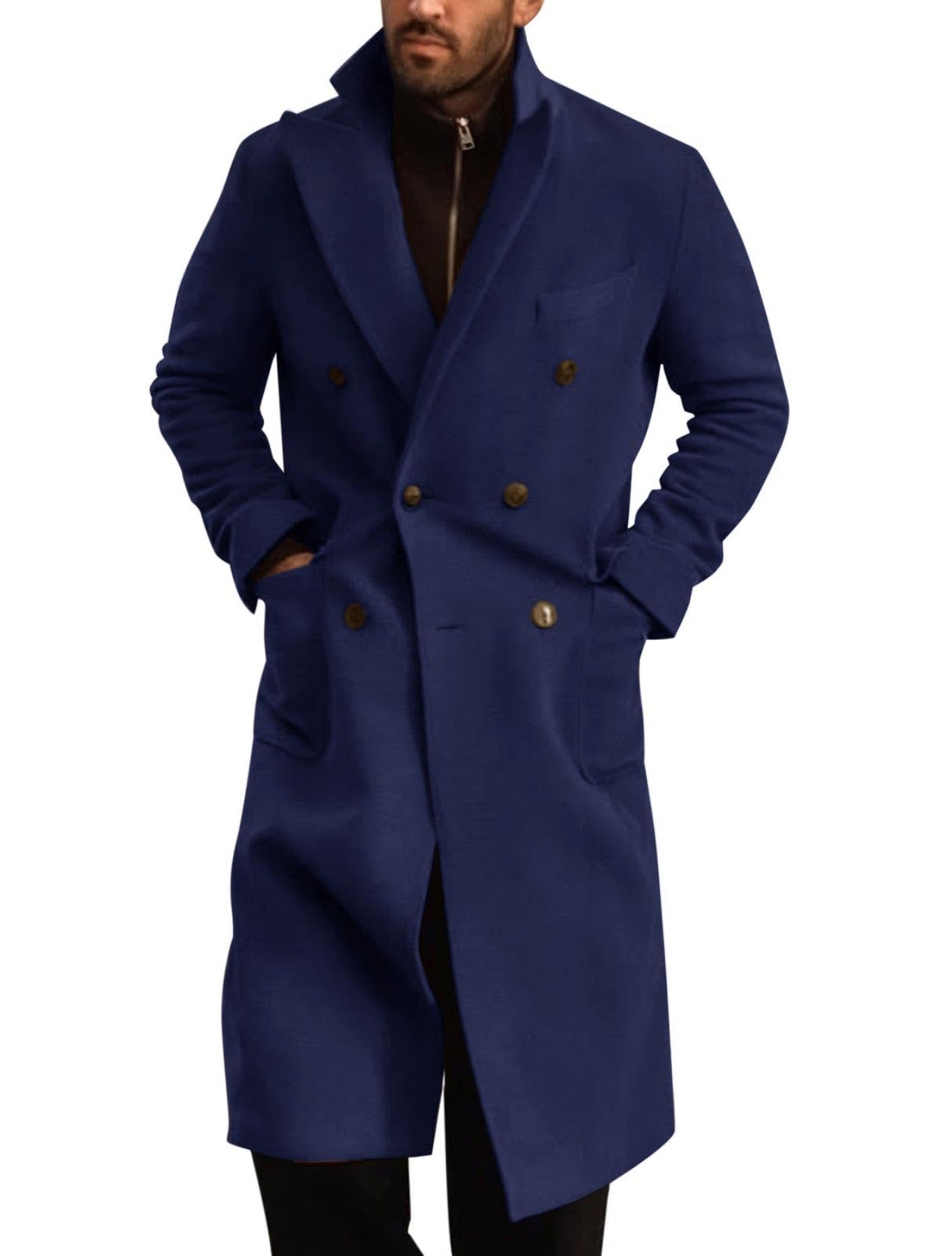 Men's Classic Double Breasted Trench Coat With Notched Lapel And Warm Polyester Lining For Winter