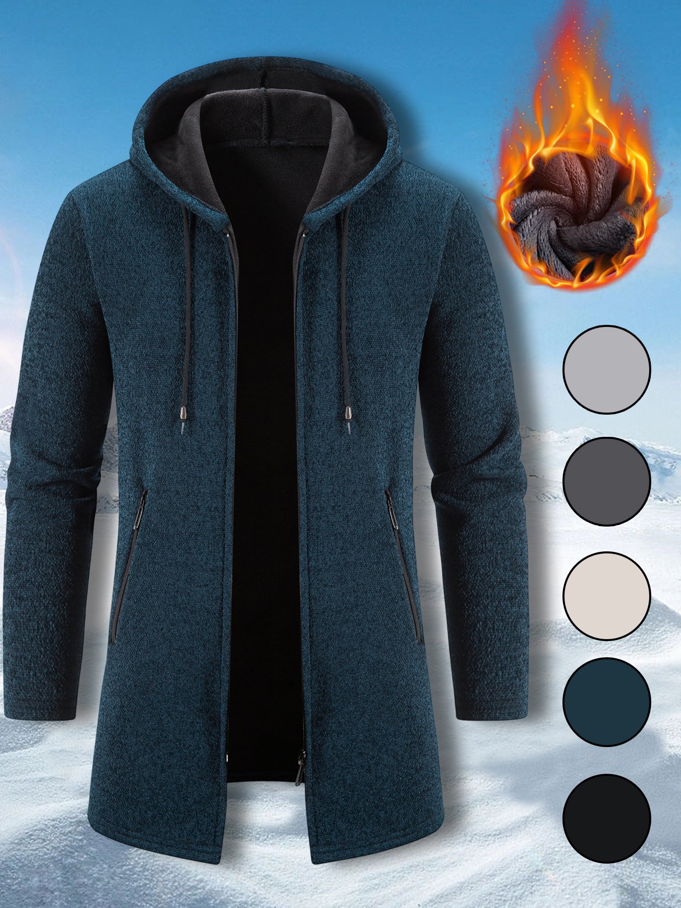 Men's Mid Length Hooded Jacket With Zipper Closure Front Pockets And Split Hem Durable Polyester Coat