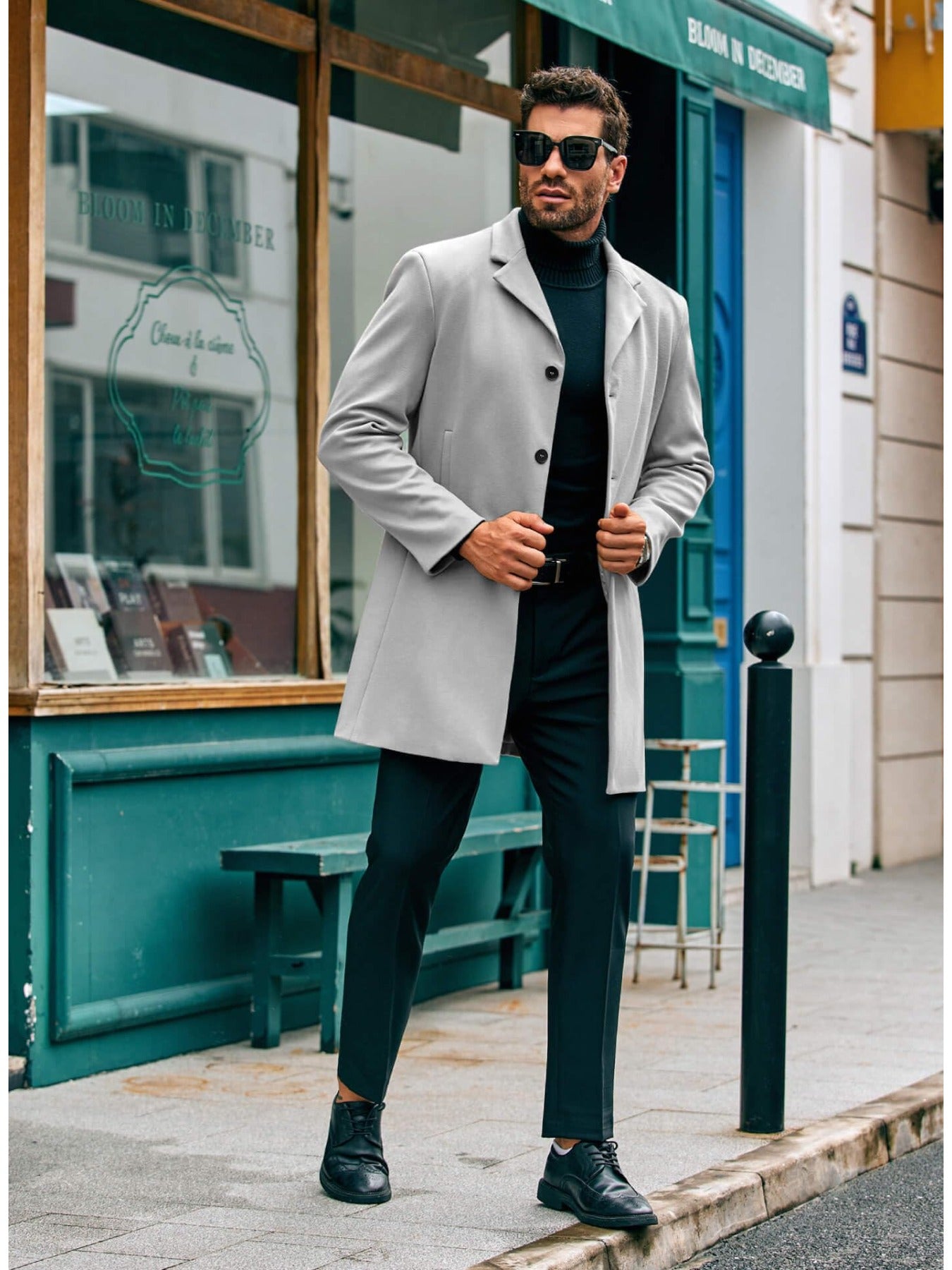 Mens Elegant Trench Coat Slim Fit With Single Breasted Button Closure Notch Lapel Pockets Outerwear