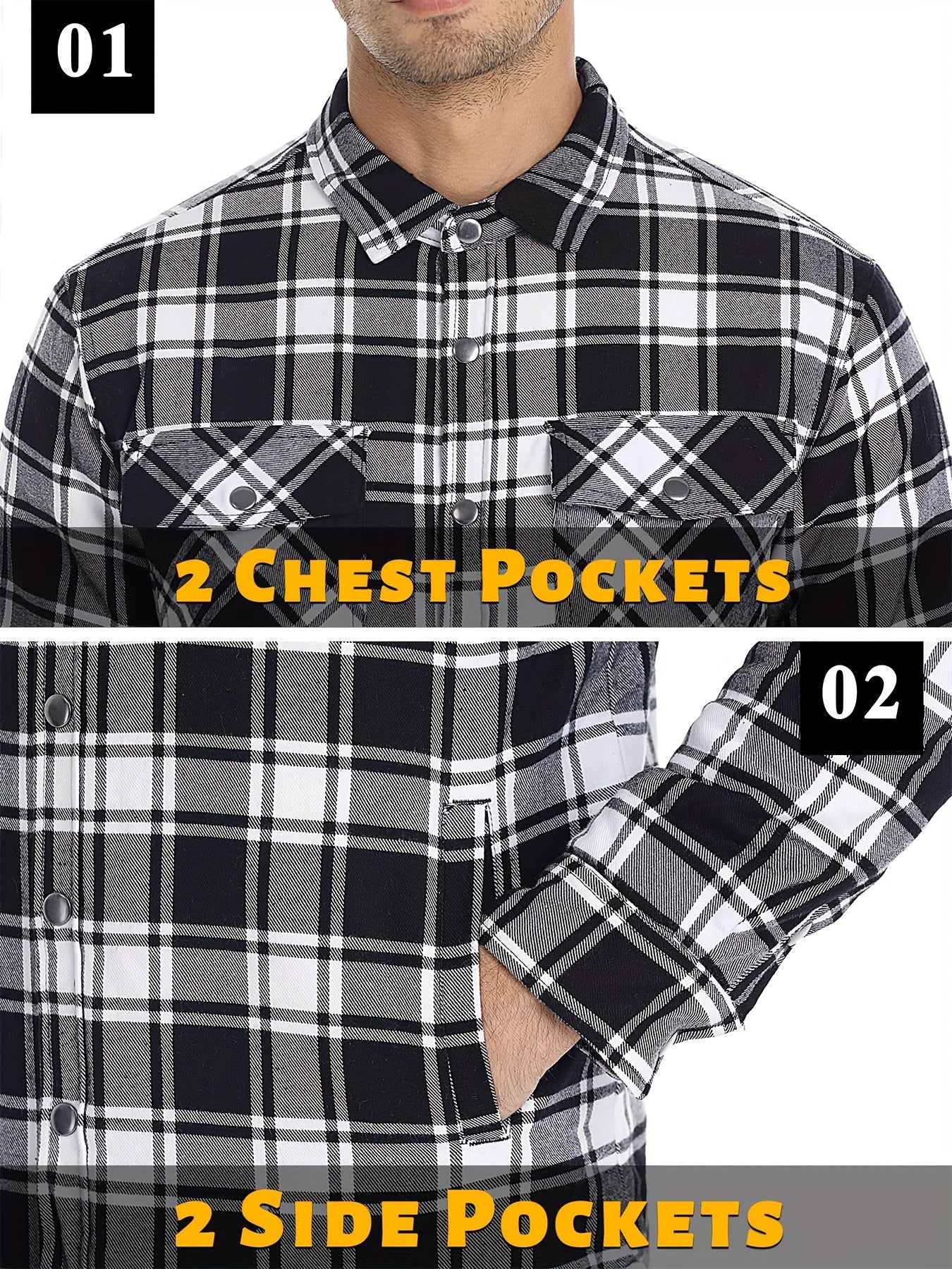 Mens Winter Shirt Jacket Flannel Thermal Windproof Insulated Zippered StoragePockets