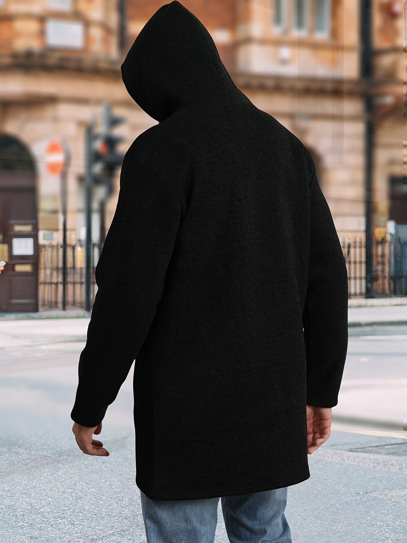 Men's Mid Length Hooded Jacket With Zipper Closure Front Pockets And Split Hem Durable Polyester Coat